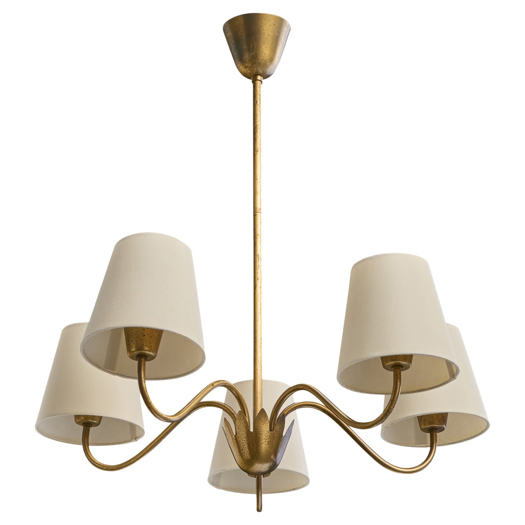 Lampadario di design svedese, ottone, tessuto, Svezia, anni
1950