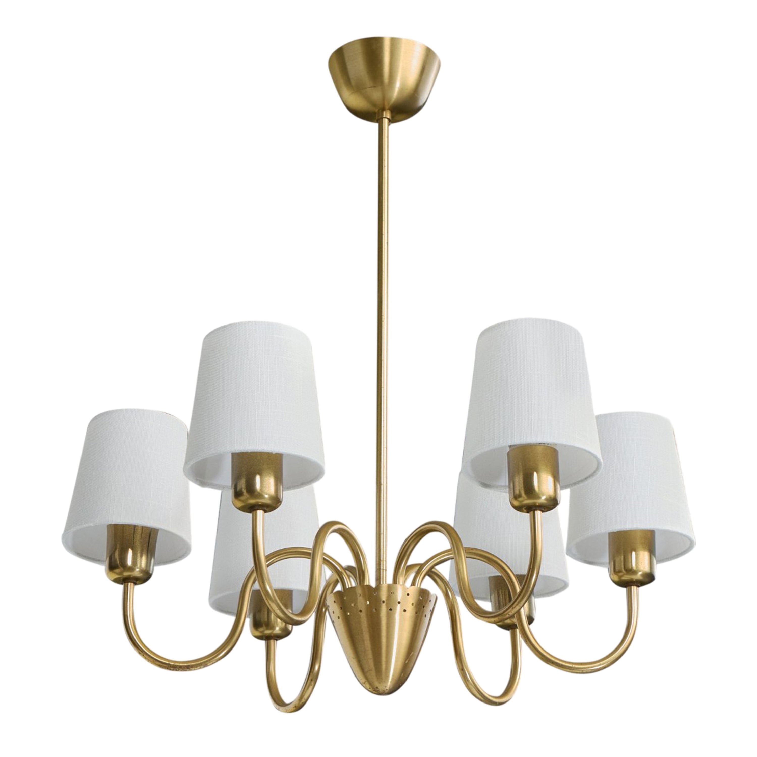 Swedish Designer, Chandelier, Brass, Fabric, Sweden, 1950s