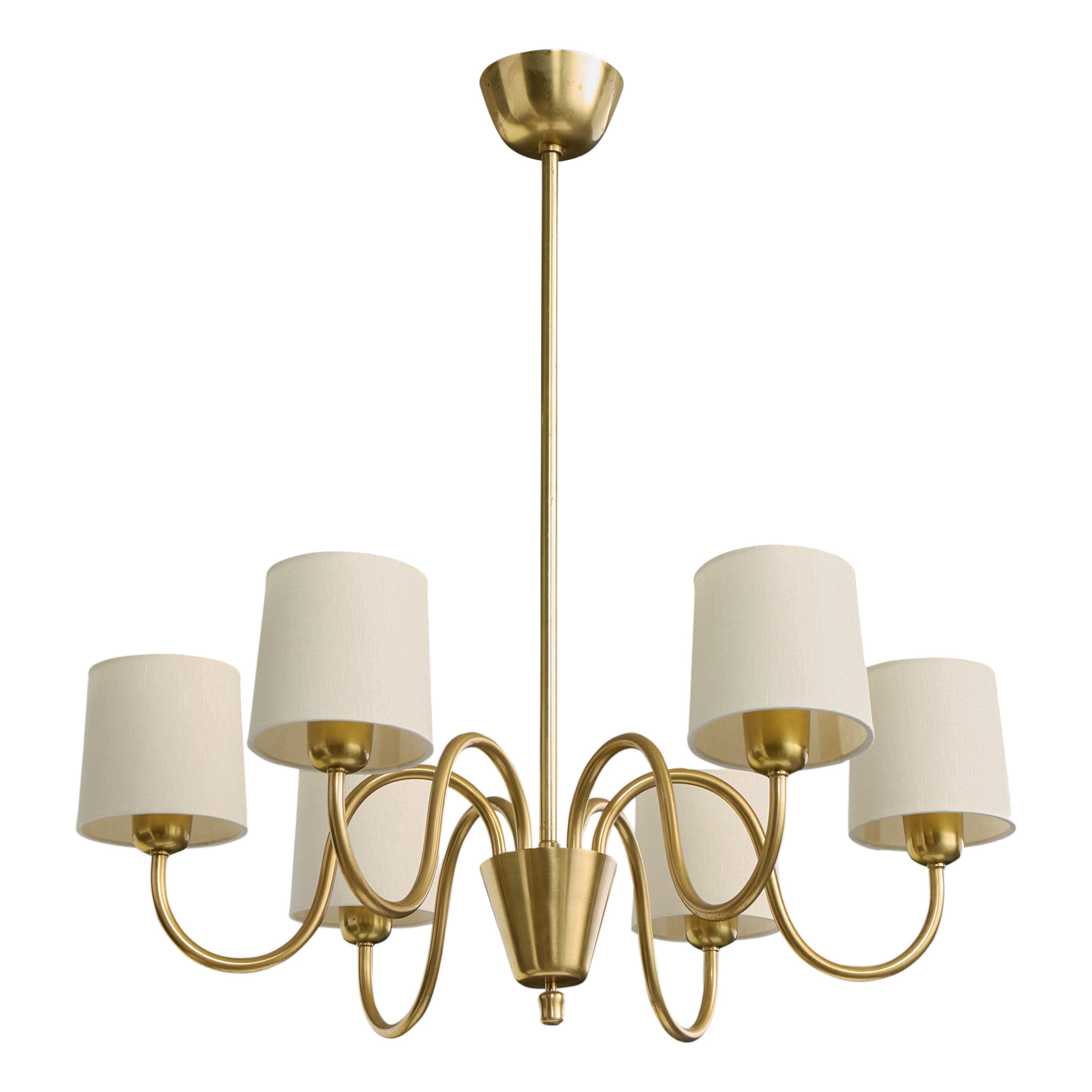 Swedish Designer, Chandelier, Brass, Fabric, Sweden, 1950s