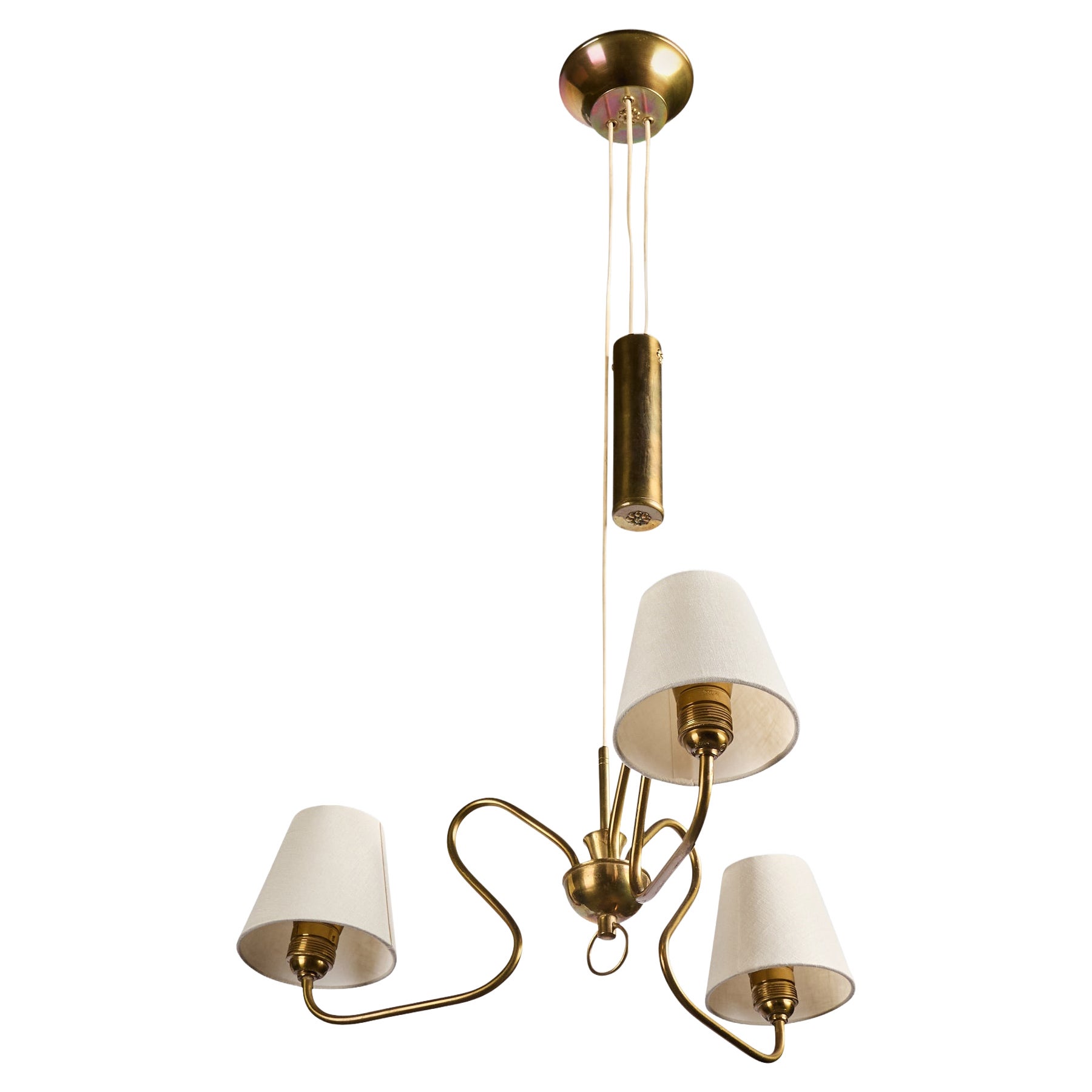 Swedish Designer, Chandelier, Brass, Fabric, Sweden, 1950s