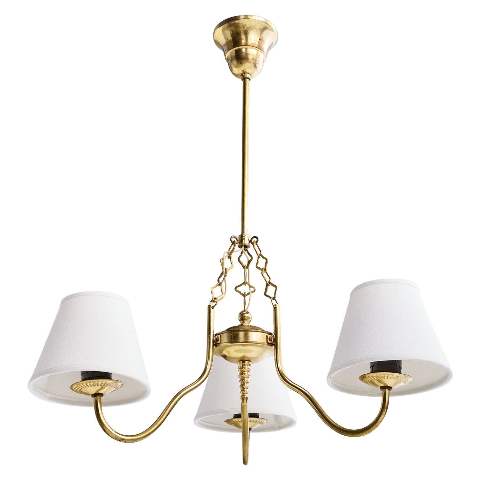 Schwedischer Designer, Kronleuchter, Messing, Stoff, Schweden, 1960er Jahre