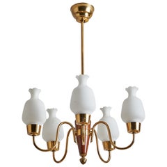 Swedish Designer, Chandelier, Brass, Glass, Birch, Sweden, 1940s
