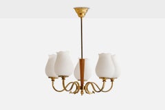Swedish Designer, Chandelier, Brass, Glass, Elm, Sweden, 1930s