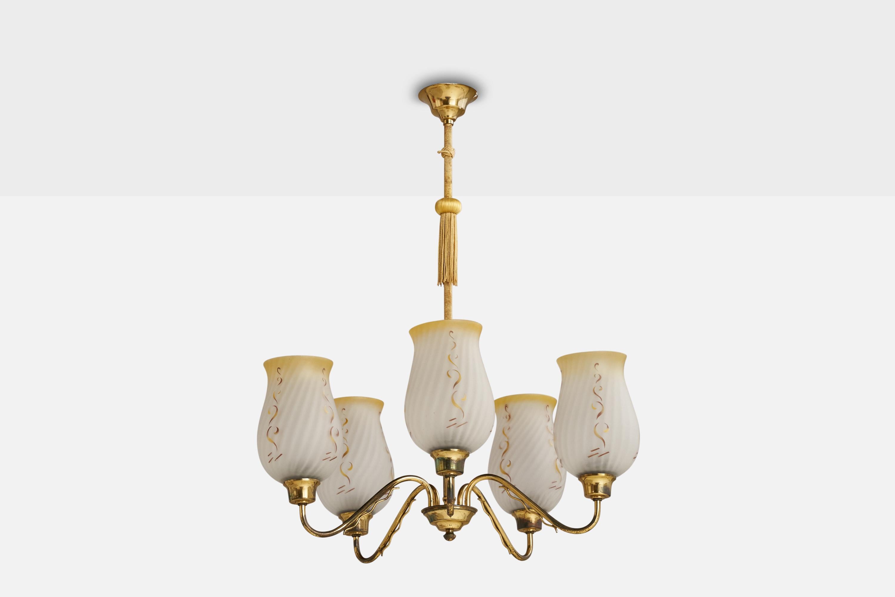 A brass, beige fabric string and etched glass chandelier designed and produced in Sweden, 1940s.

Dimensions of canopy (inches): 2” H x 3.75”Diameter
Socket takes standard E-26 bulbs. 5 sockets.There is no maximum wattage stated on the fixture. All