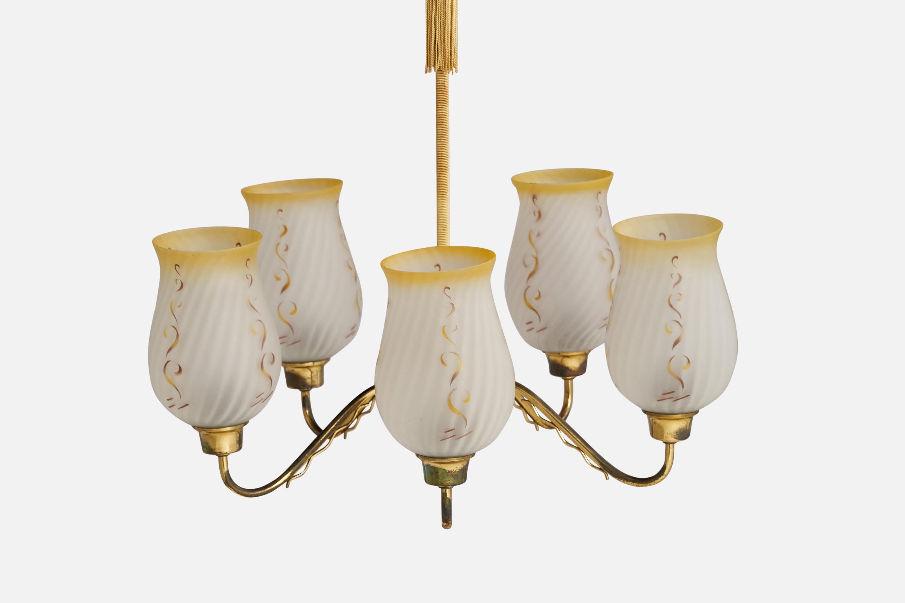 Swedish Designer, Chandelier, Brass, Glass, Fabric, Sweden, 1940s In Good Condition For Sale In High Point, NC