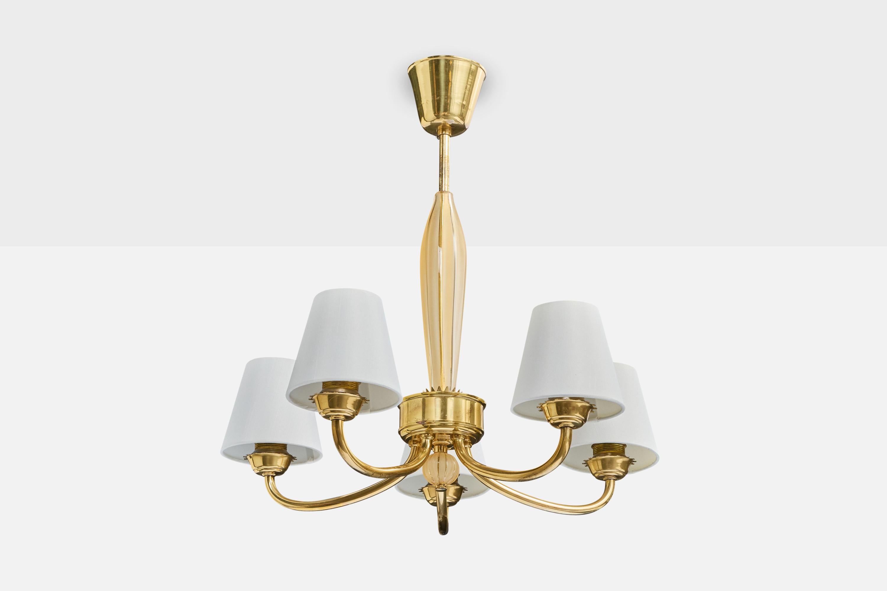 A brass, yellow glass and white fabric chandelier designed and produced in Sweden, c. 1950s.

Overall Dimensions (inches): 19.0