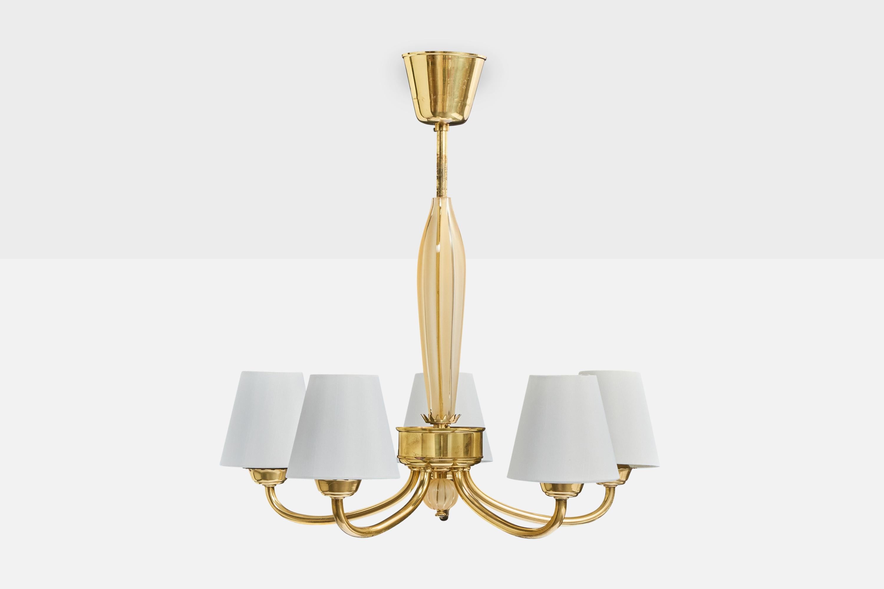 Mid-Century Modern Swedish Designer, Chandelier, Brass, Glass, Fabric, Sweden, 1950s For Sale