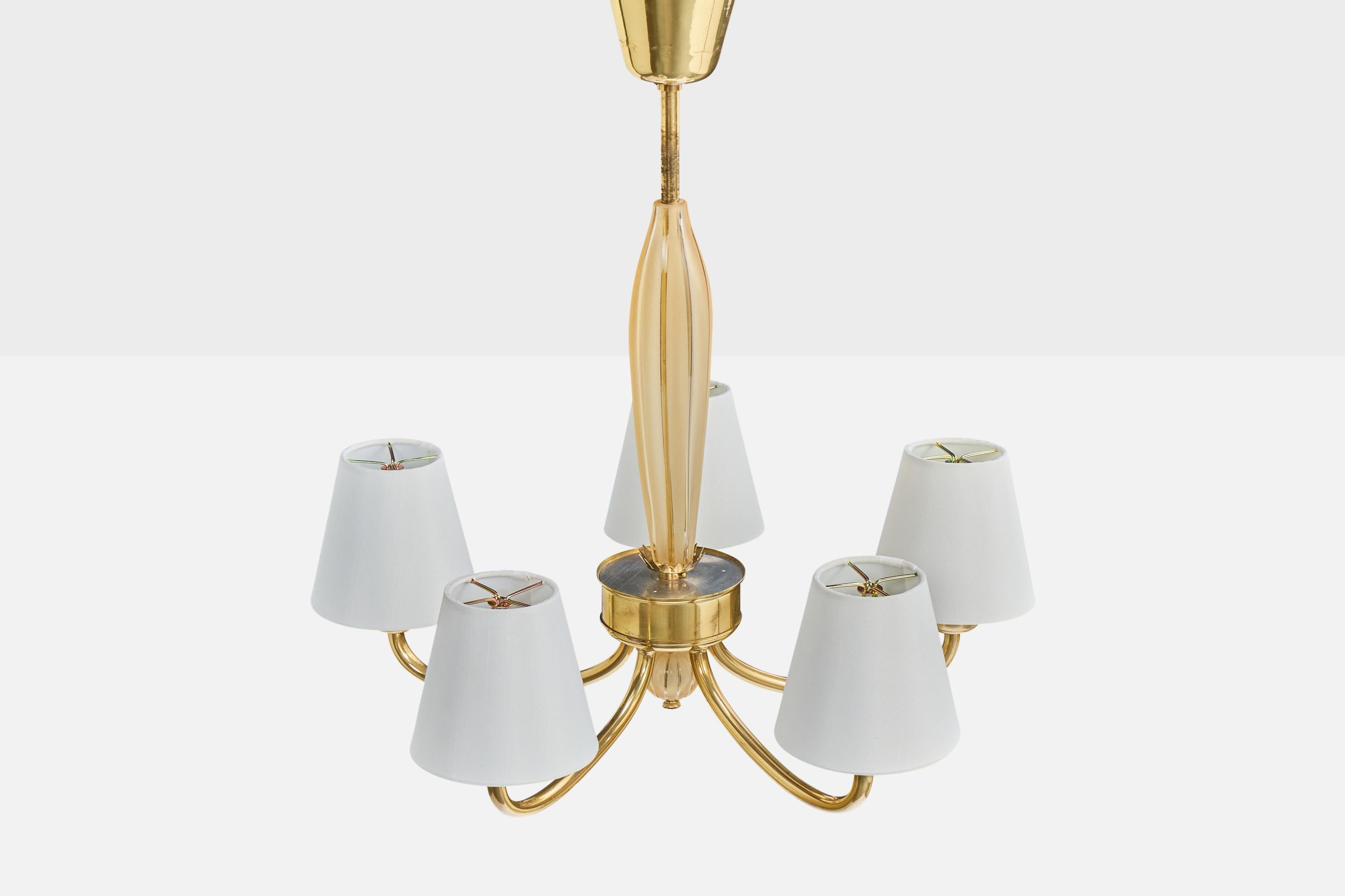 Swedish Designer, Chandelier, Brass, Glass, Fabric, Sweden, 1950s In Good Condition For Sale In High Point, NC