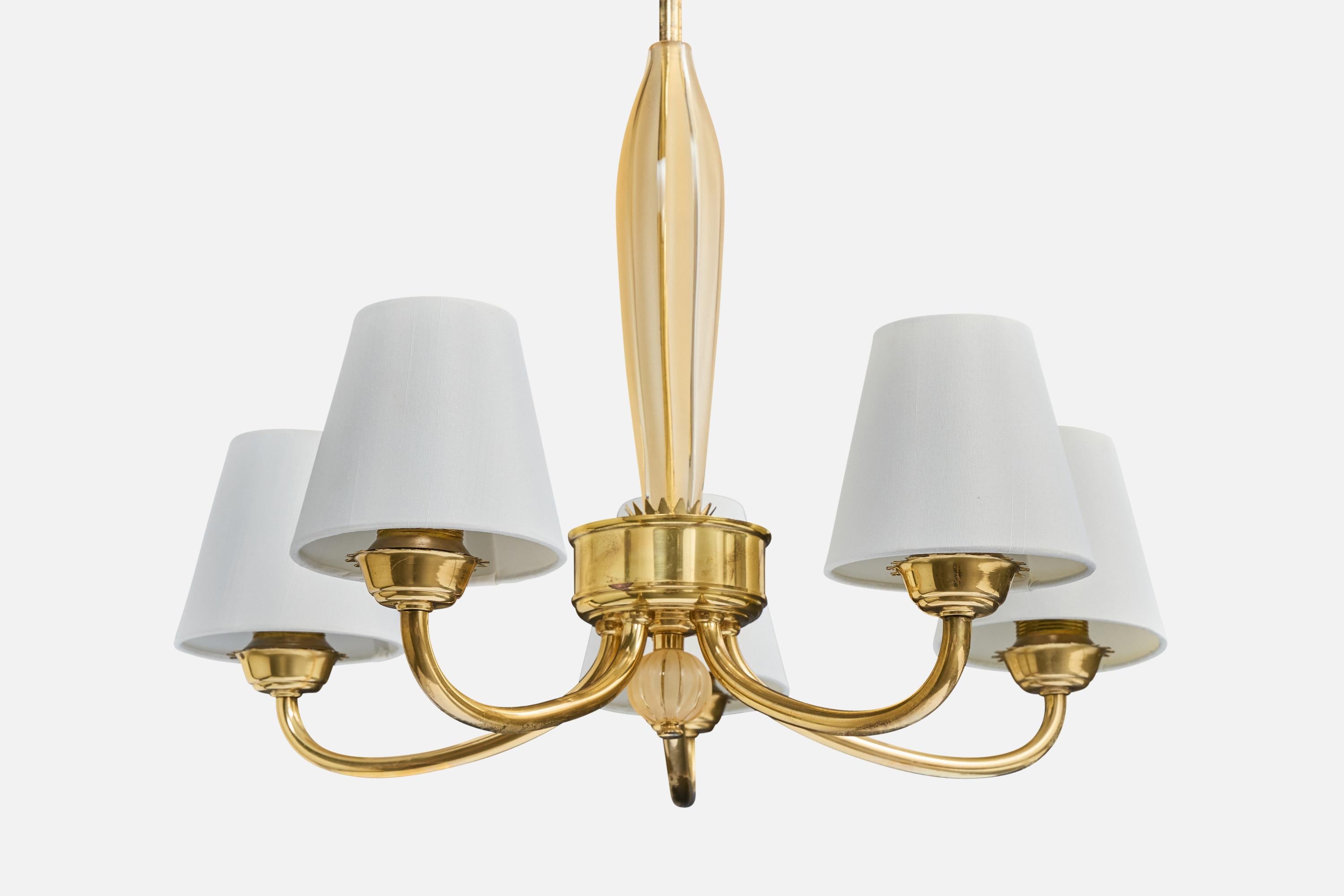 Mid-20th Century Swedish Designer, Chandelier, Brass, Glass, Fabric, Sweden, 1950s For Sale