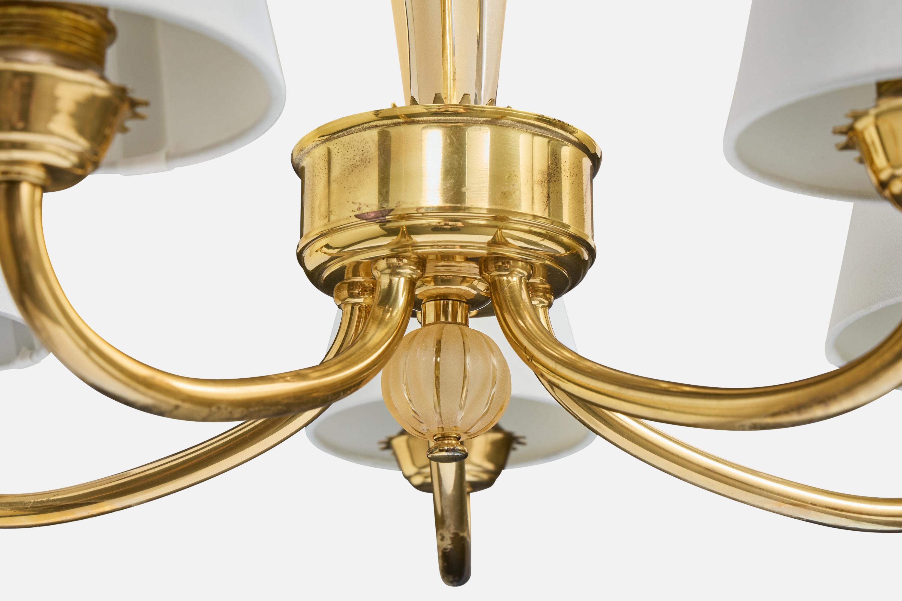 Swedish Designer, Chandelier, Brass, Glass, Fabric, Sweden, 1950s For Sale 1