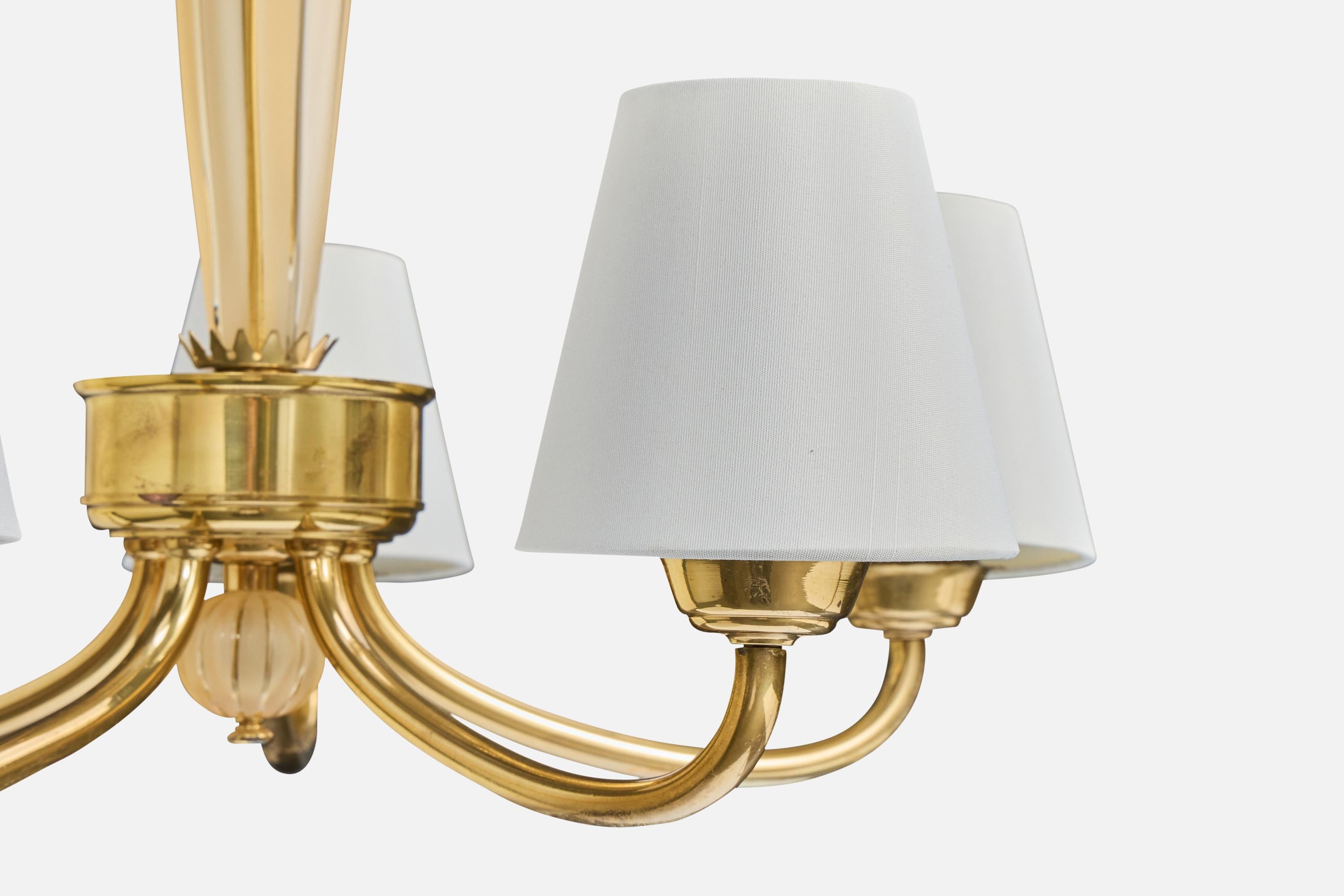 Swedish Designer, Chandelier, Brass, Glass, Fabric, Sweden, 1950s For Sale 2