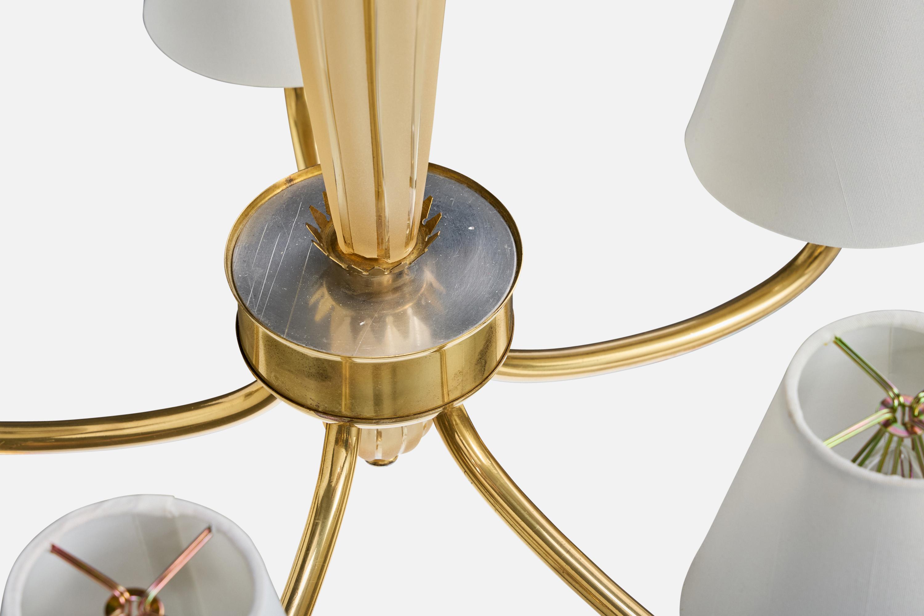 Swedish Designer, Chandelier, Brass, Glass, Fabric, Sweden, 1950s For Sale 3