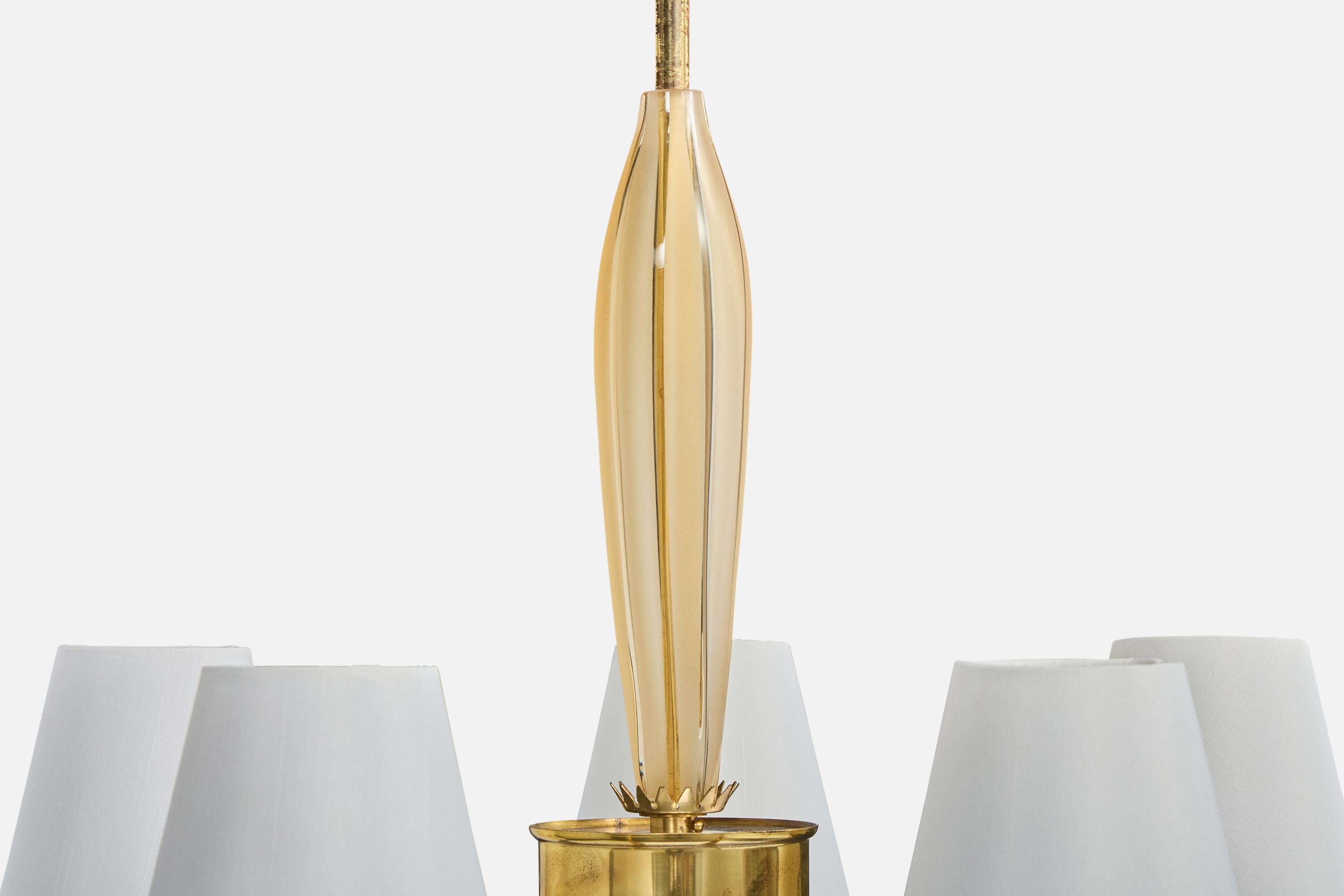 Swedish Designer, Chandelier, Brass, Glass, Fabric, Sweden, 1950s For Sale 4