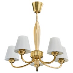 Swedish Designer, Chandelier, Brass, Glass, Fabric, Sweden, 1950s