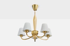 Swedish Designer, Chandelier, Brass, Glass, Fabric, Sweden, 1950s