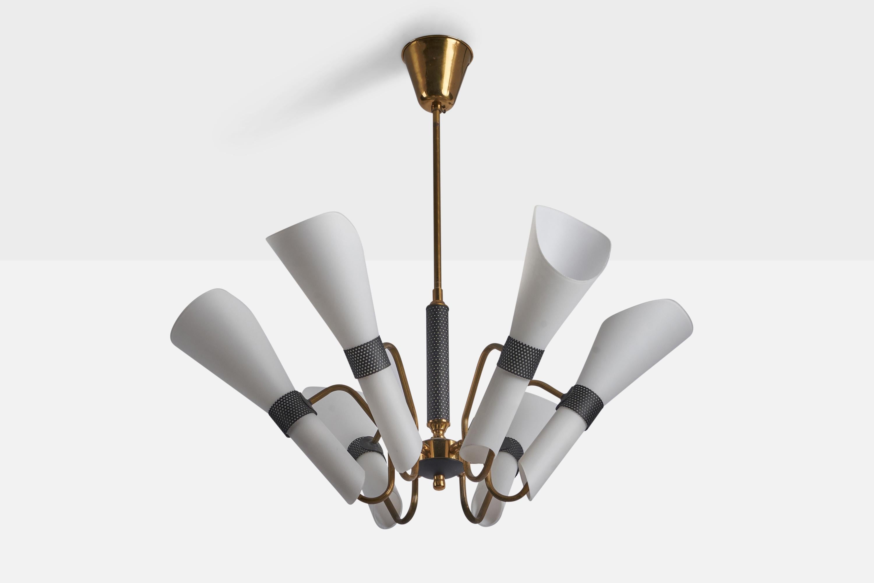 A brass, black-lacquered metal and opaline glass chandelier designed and produced in Sweden, c. 1950s.

Overall Dimensions (inches): 22” H x 25” Diameter
Bulb Specifications: E-14 Bulb
Number of Sockets: 6