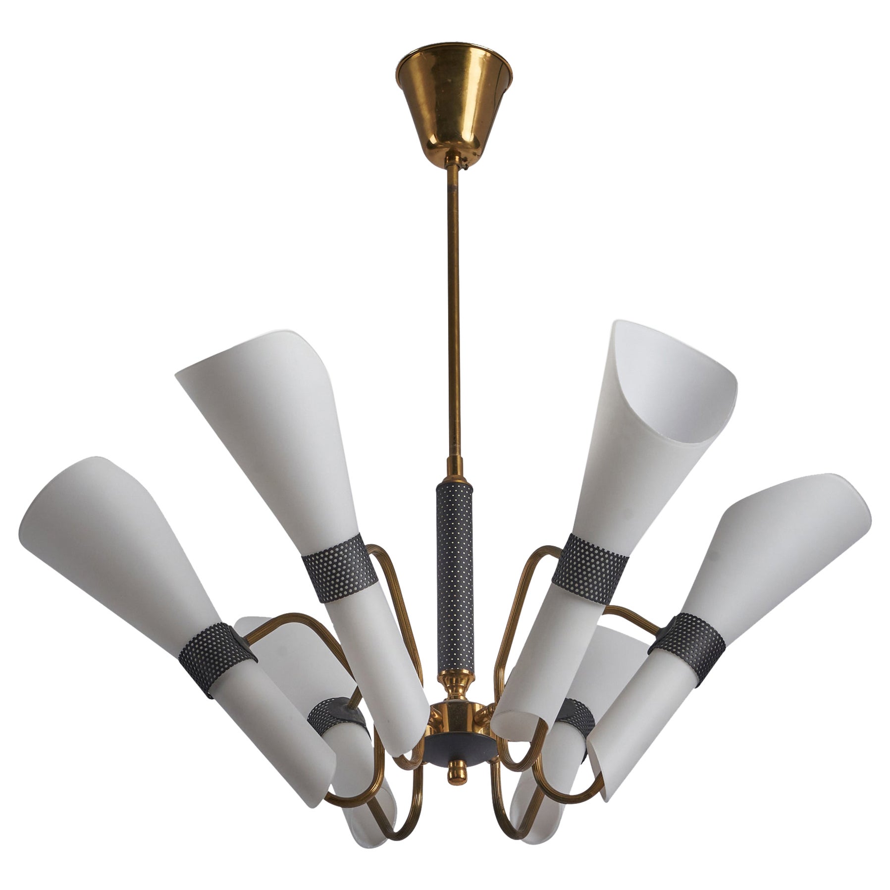 Designer suédois, lustre, laiton, verre, métal, Suède, années 1950