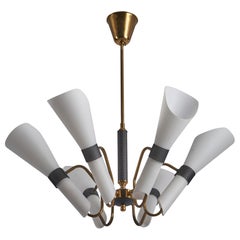 Swedish Designer, Chandelier, Brass, Glass, Metal, Sweden, 1950s