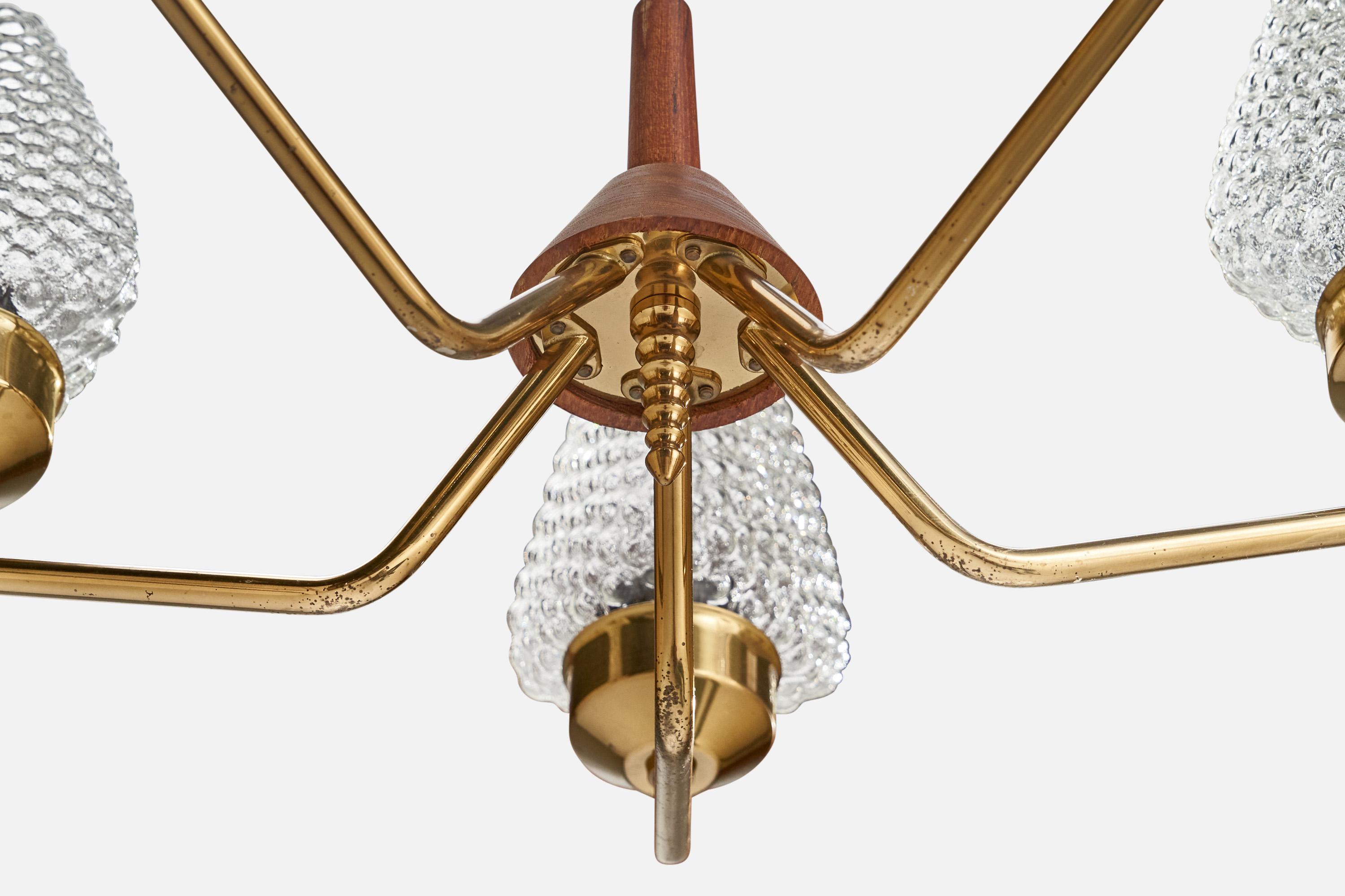 Swedish Designer, Chandelier, Brass, Glass, Oak, Sweden, 1950s For Sale 5