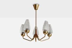 Lampadario di design svedese, ottone, vetro, quercia, Svezia, anni '50