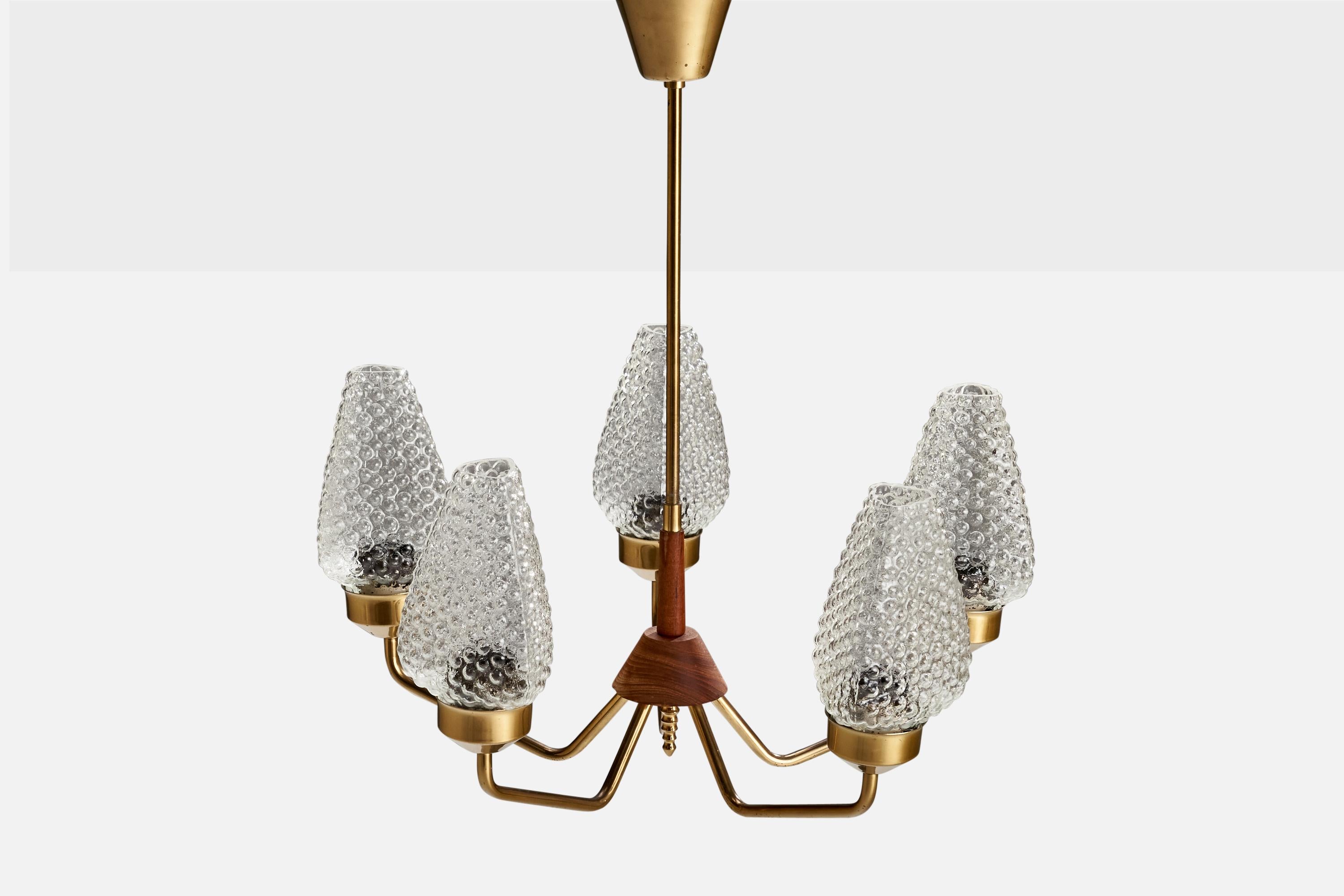 Swedish Designer, Chandelier, Brass, Glass, Oak, Sweden, 1950s In Good Condition For Sale In High Point, NC