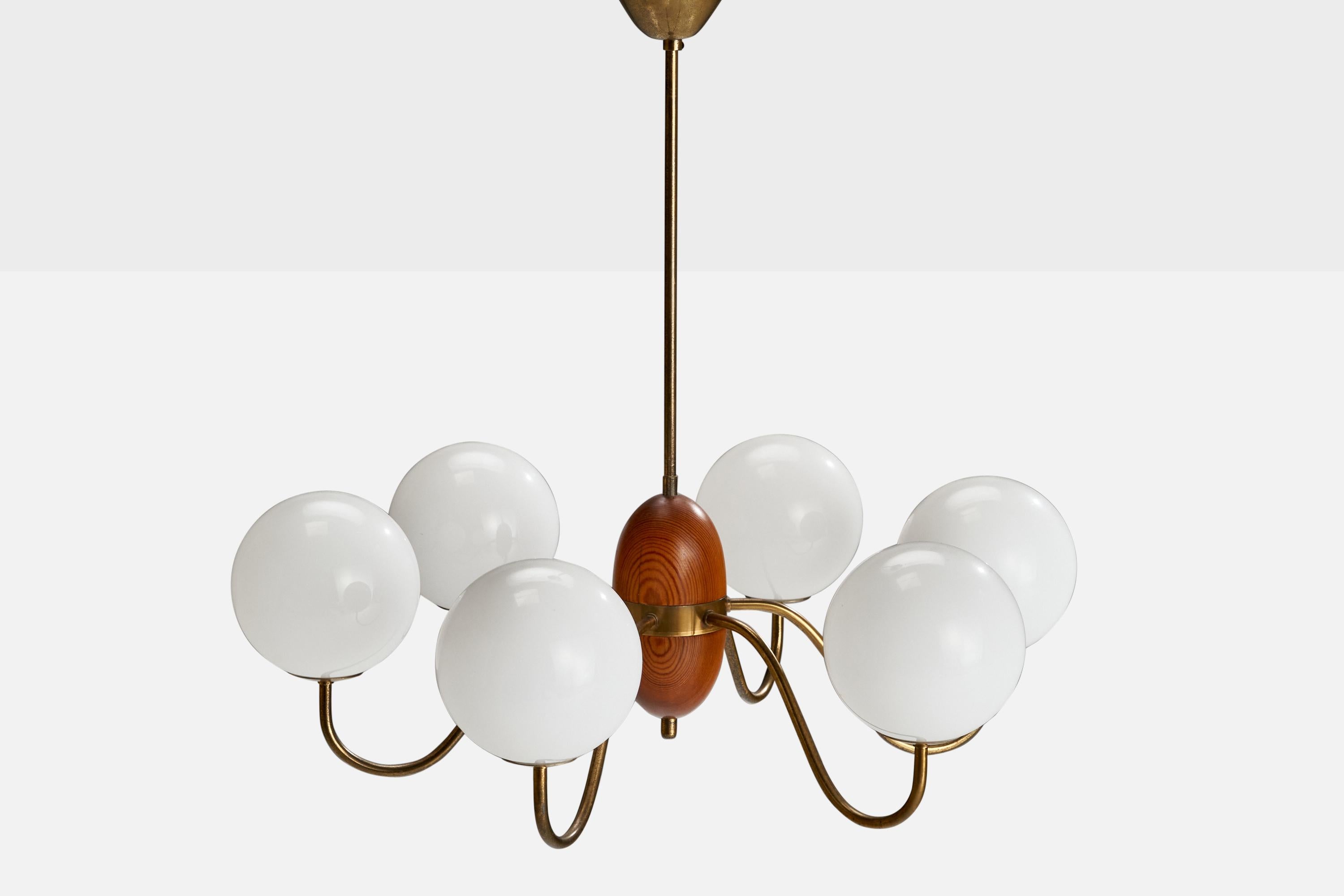 Swedish Designer, Chandelier, Brass, Glass, Pine, Sweden, 1950s In Good Condition For Sale In High Point, NC