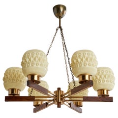 Swedish Designer, Chandelier, Brass, Glass, Rosewood, Sweden, 1950s