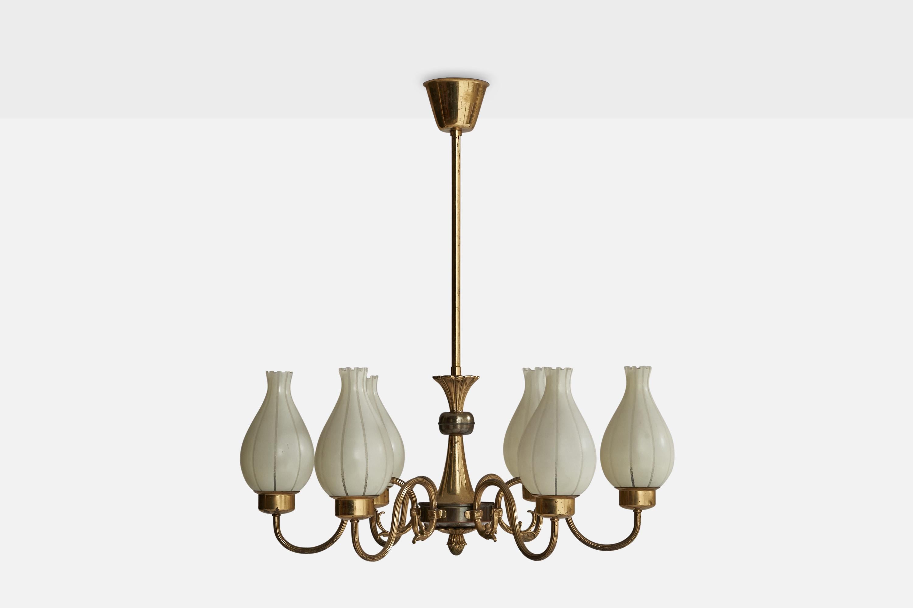 A six-armed brass and etched glass chandelier designed and produced in Sweden, 1930s.

Dimensions of canopy (inches): 2.6” H x 3.75” Diameter
Socket takes standard E-14 bulbs. 6 sockets.There is no maximum wattage stated on the fixture. All lighting