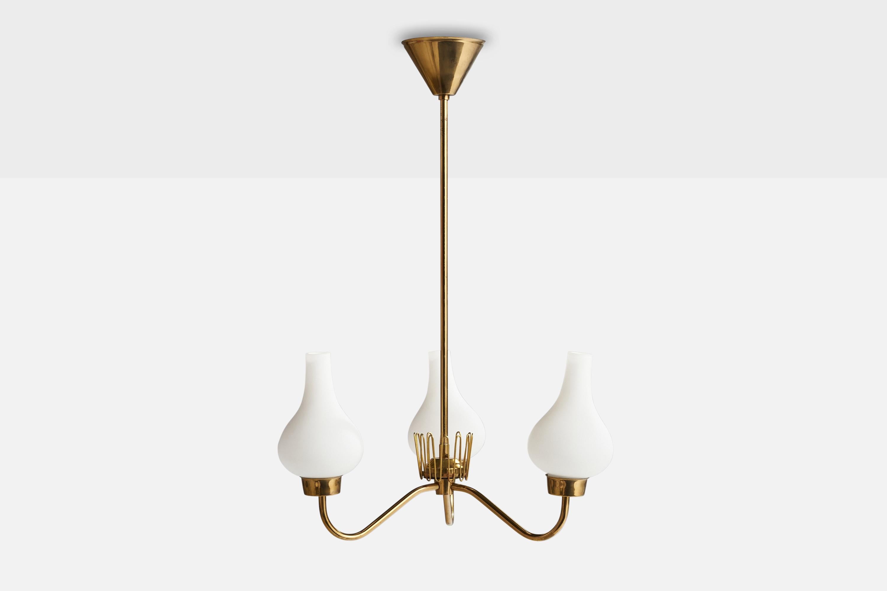 A brass and opaline glass chandelier designed and produced in Sweden, 1930s.

Dimensions of canopy (inches): 3” H x 4.25” Diameter
Socket takes standard E-14 bulbs. 3 sockets.There is no maximum wattage stated on the fixture. All lighting will be