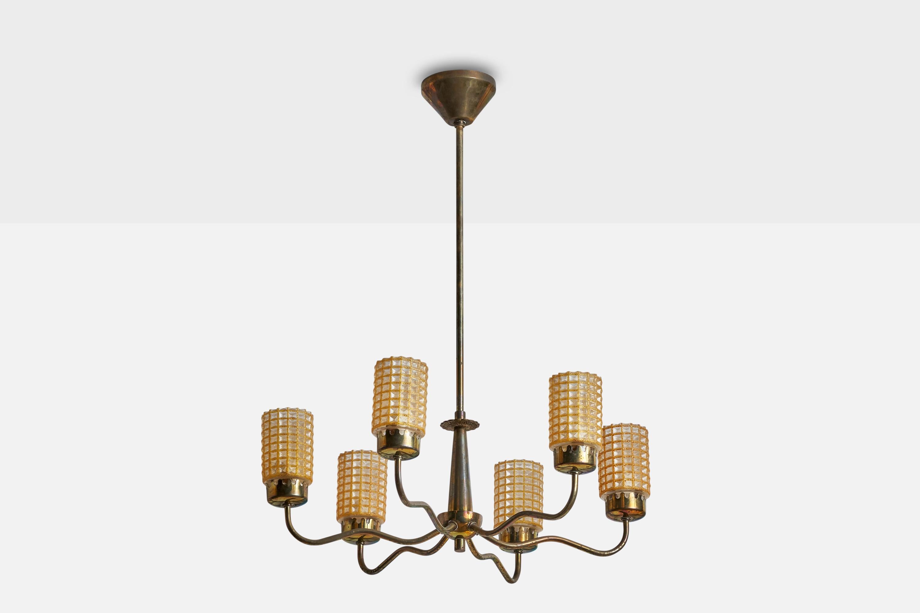 A brass and beige yellow glass chandelier designed and produced in Sweden, 1930s.

Dimensions of canopy (inches): 2” H x 3.75” Diameter
Socket takes standard E-14 bulbs. 5 sockets.There is no maximum wattage stated on the fixture. All lighting will
