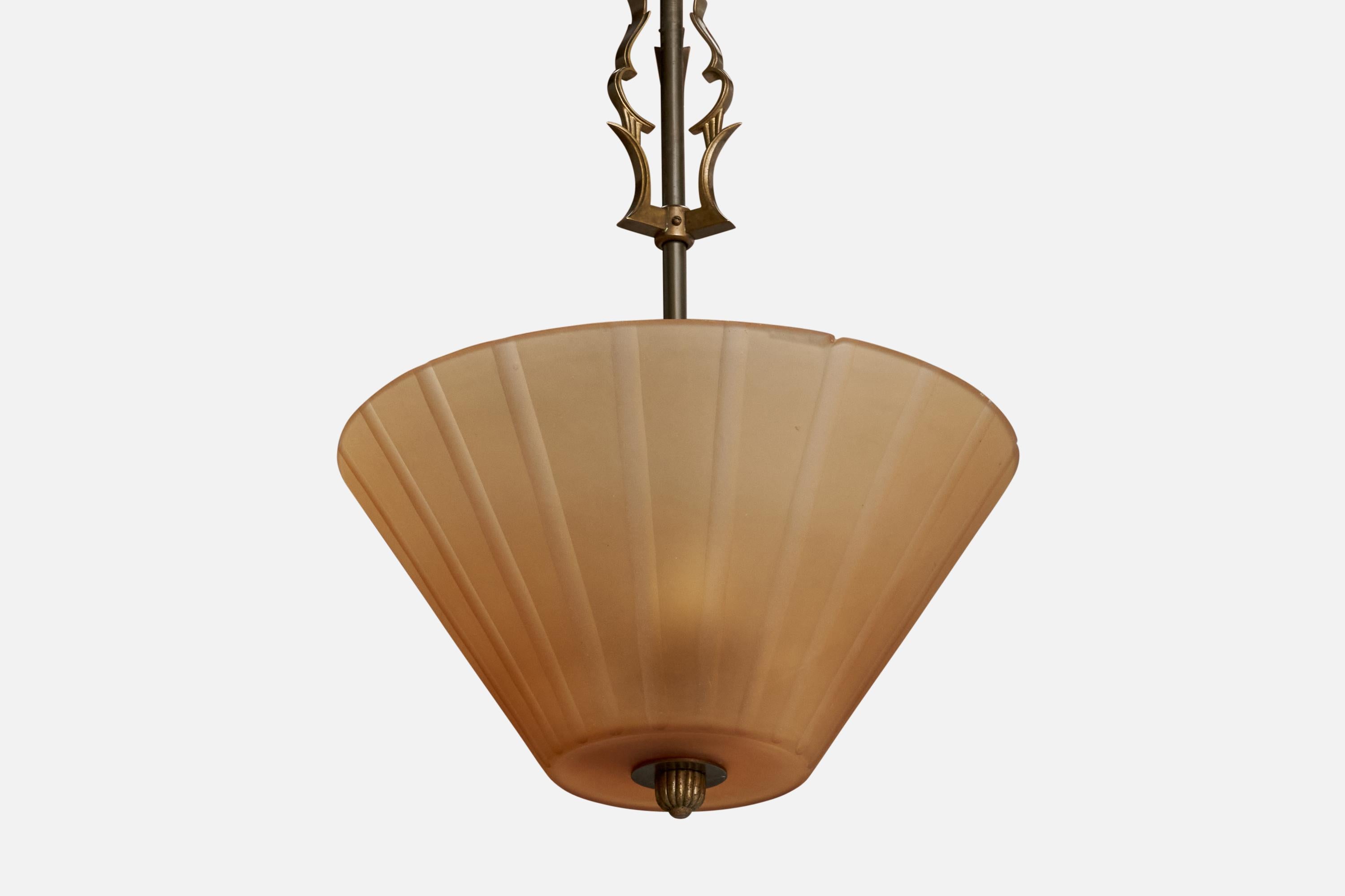 A brass and glass pendant light designed and produced in Sweden, 1930s.

Dimensions of canopy (inches): 4.41” H x 3.34” Diameter
Socket takes standard E-26 bulbs. 2 socket.There is no maximum wattage stated on the fixture. All lighting will be