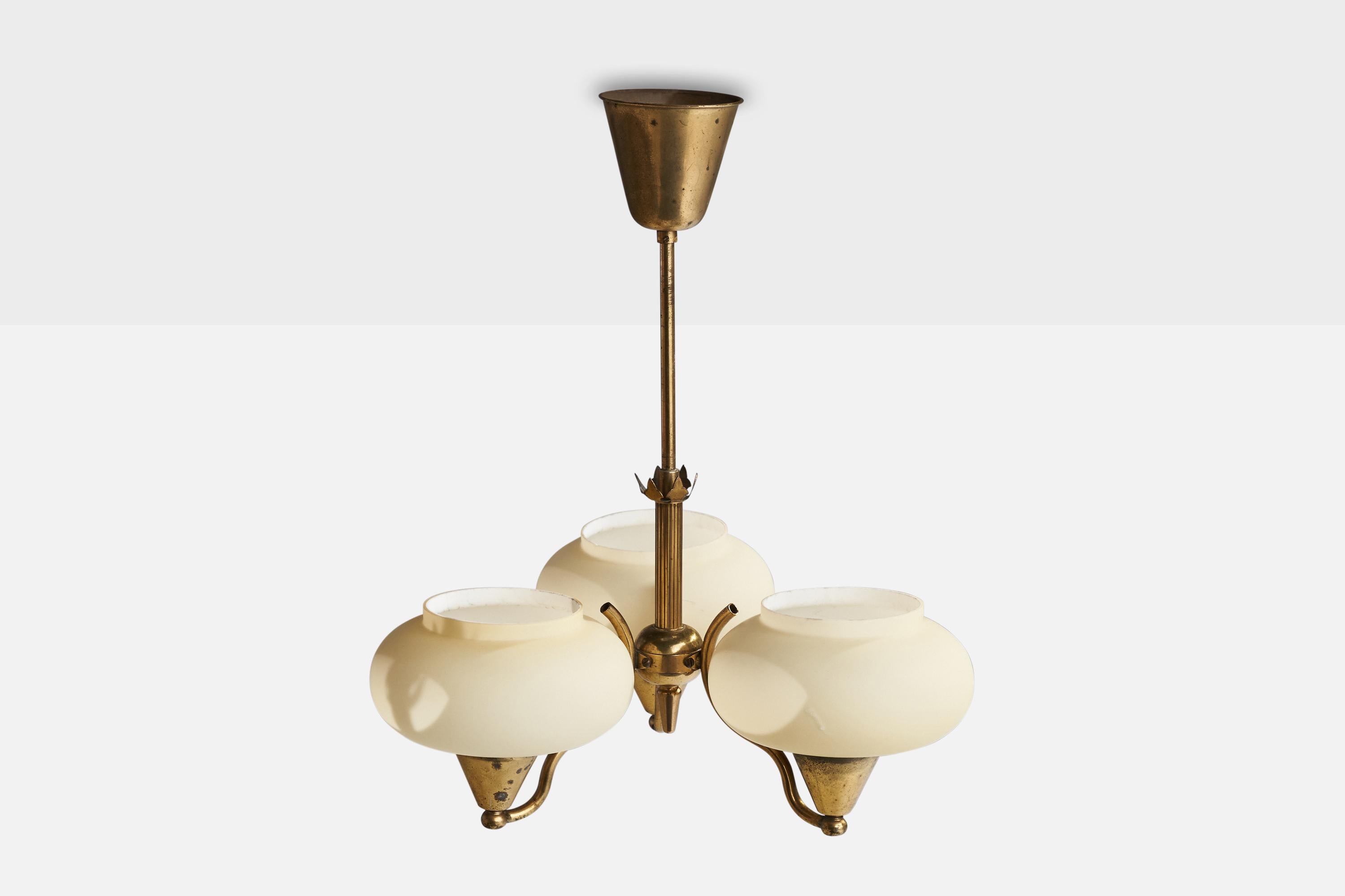 Scandinavian Modern Swedish Designer, Chandelier, Brass, Glass, Sweden, 1930s