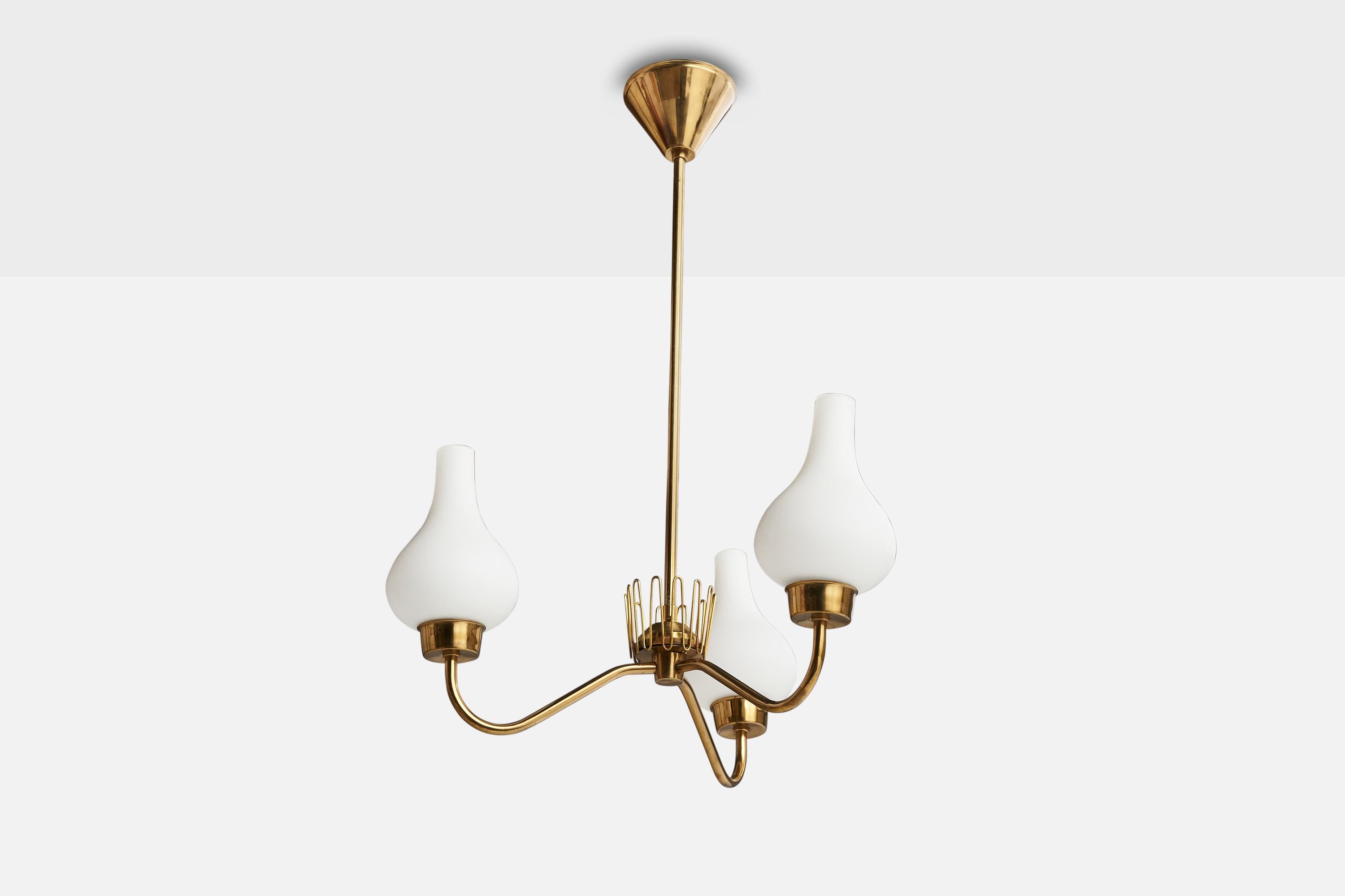 Swedish Designer, Chandelier, Brass, Glass, Sweden, 1930s In Good Condition For Sale In High Point, NC
