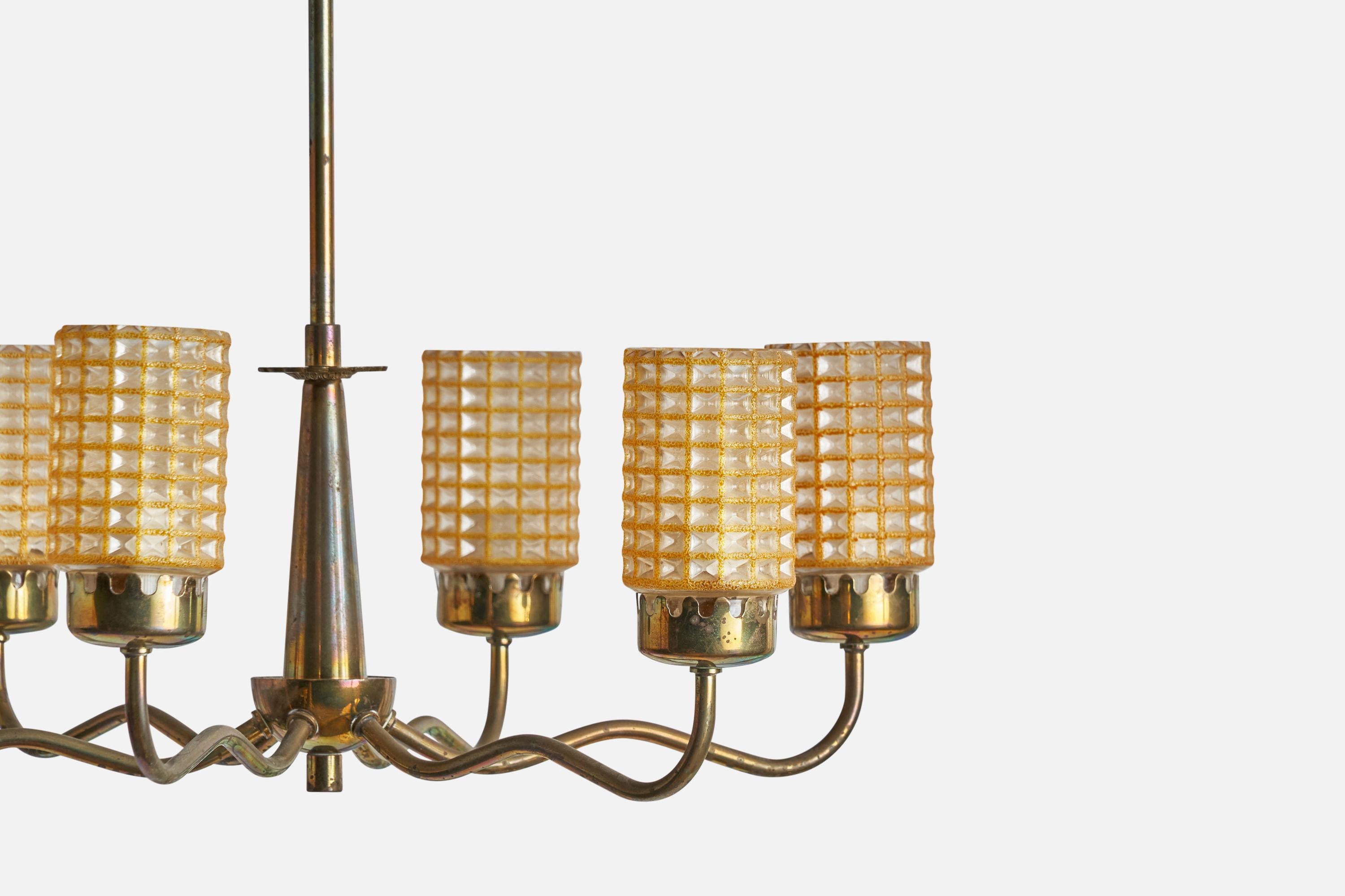 Swedish Designer, Chandelier, Brass, Glass, Sweden, 1930s In Good Condition For Sale In High Point, NC