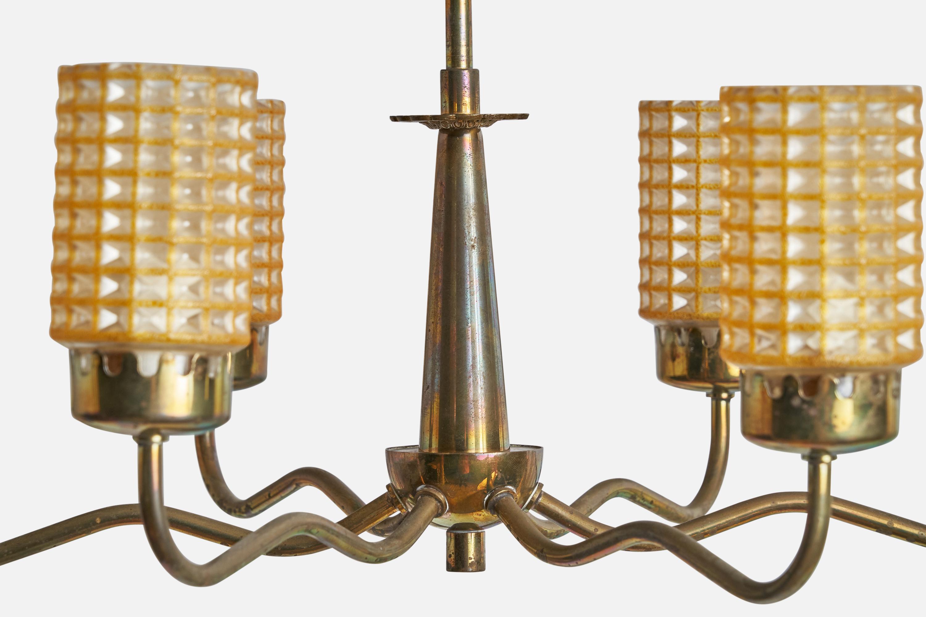 Mid-20th Century Swedish Designer, Chandelier, Brass, Glass, Sweden, 1930s For Sale