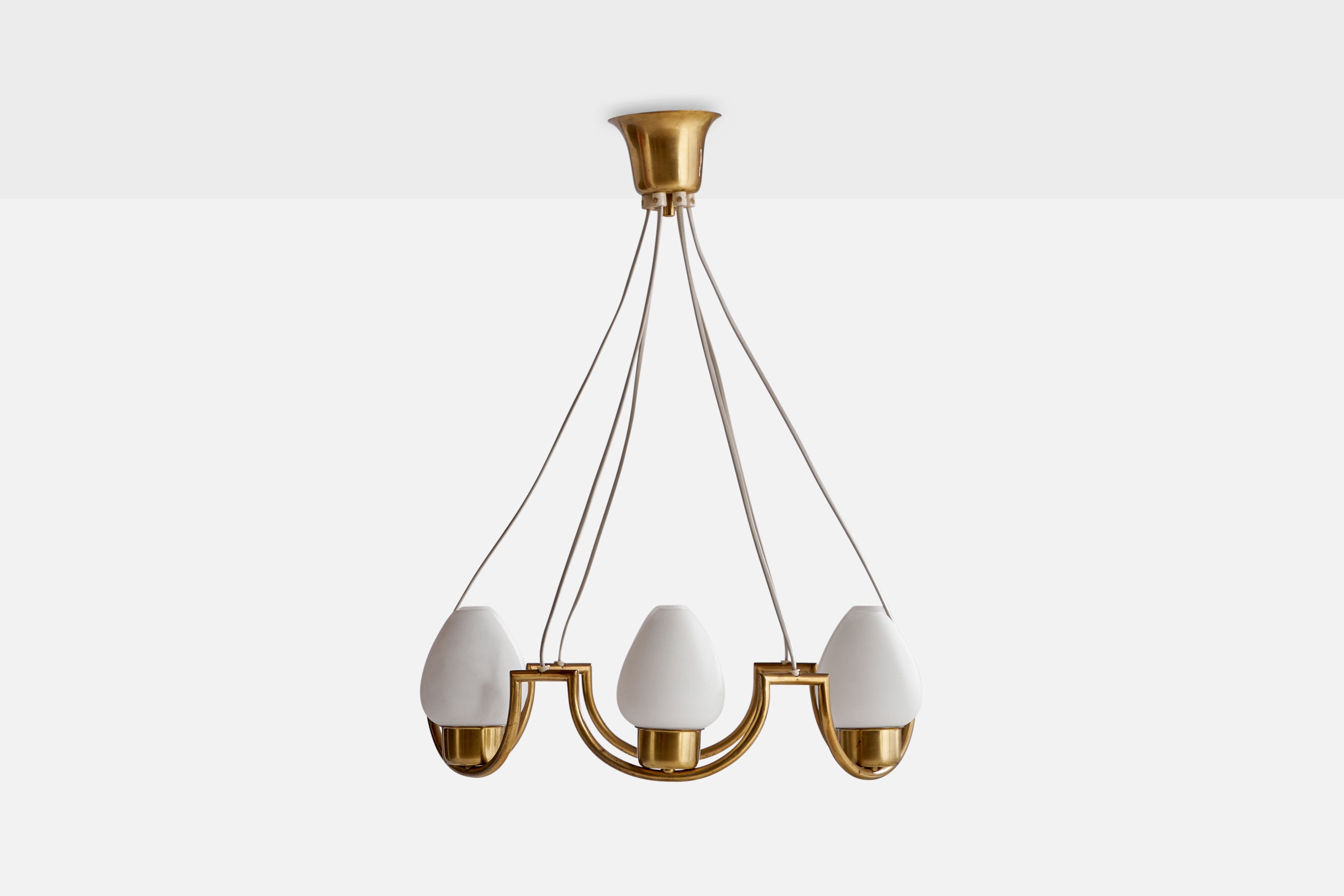 A six-armed brass and opaline glass chandelier designed and produced in Sweden, 1940s.

Dimensions of canopy (inches): 2.75” H x 4”  Diameter
Socket takes standard E-26 bulbs. 5 sockets.There is no maximum wattage stated on the fixture. All lighting