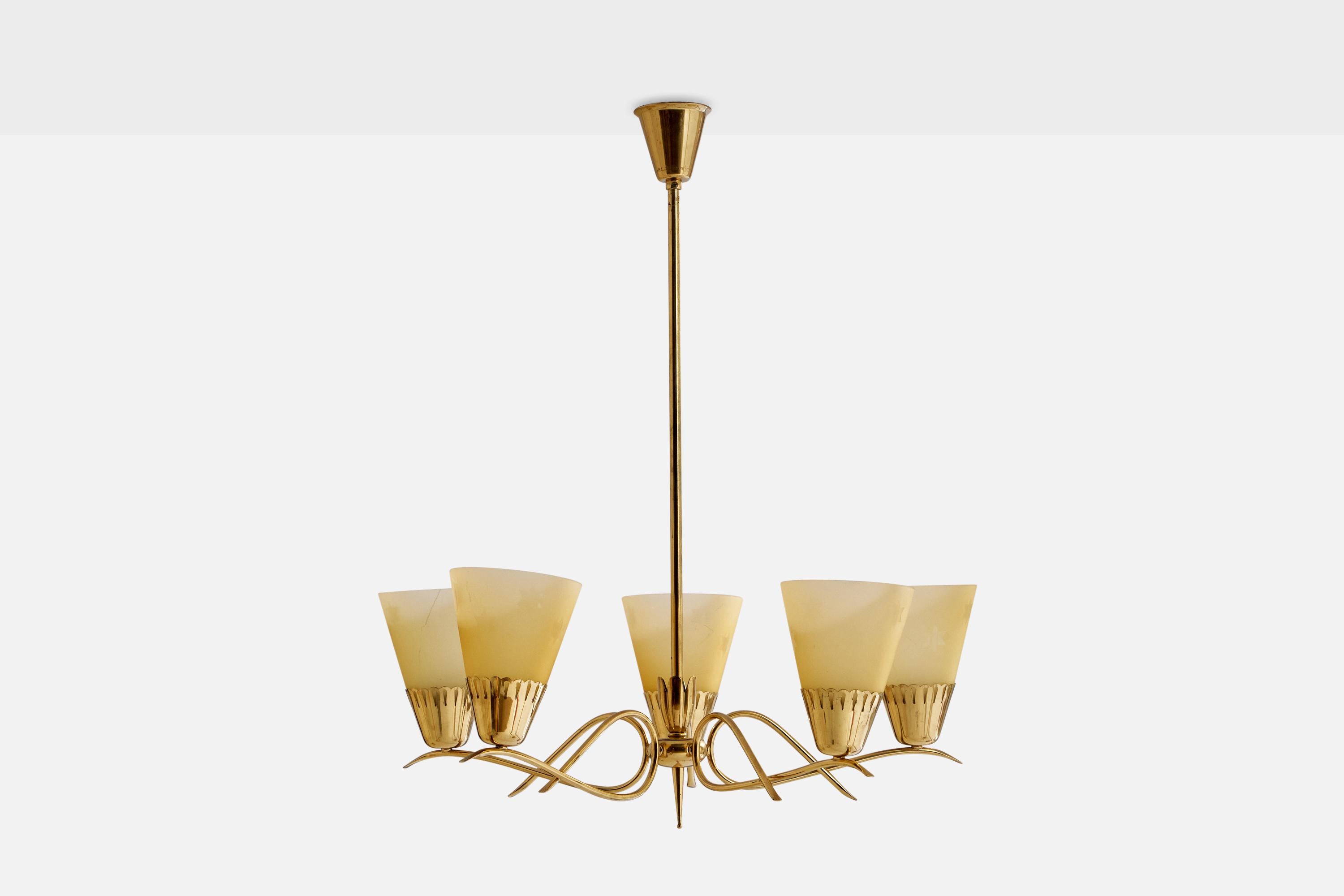 A brass and beige opaline glass chandelier designed and produced in Sweden, 1940s.

Dimensions of canopy (inches): 3.15” H x 3.25” Diameter
Socket takes standard E-26 bulbs. 5 sockets.There is no maximum wattage stated on the fixture. All lighting