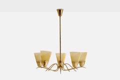 Swedish Designer, Chandelier, Brass, Glass, Sweden, 1940s