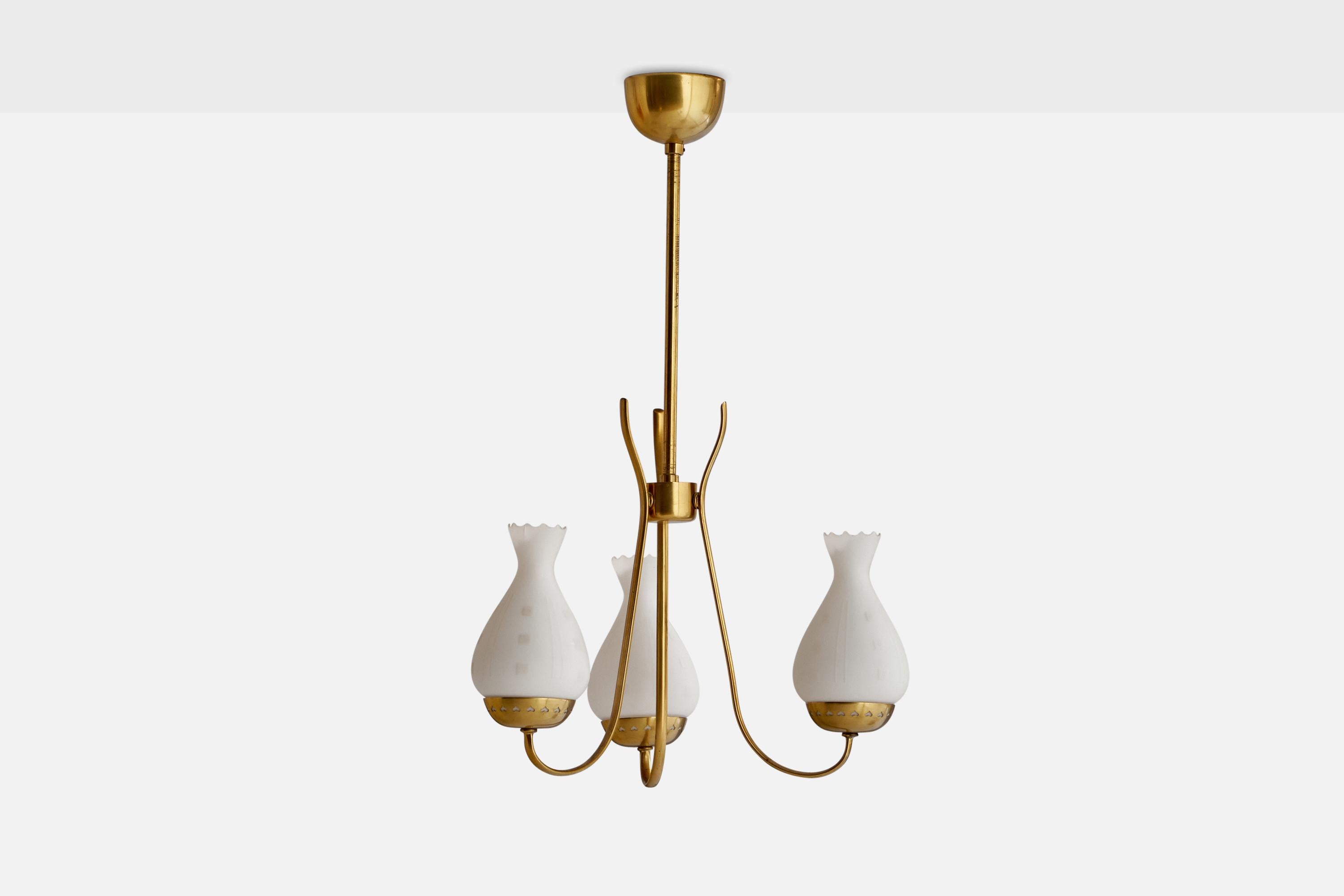 A brass and opaline glass chandelier designed and produced in Sweden, 1940s.

Dimensions of canopy (inches): 2.5” H x 3.8” Diameter
Socket takes standard E-26 bulbs. 3 sockets.There is no maximum wattage stated on the fixture. All lighting will be