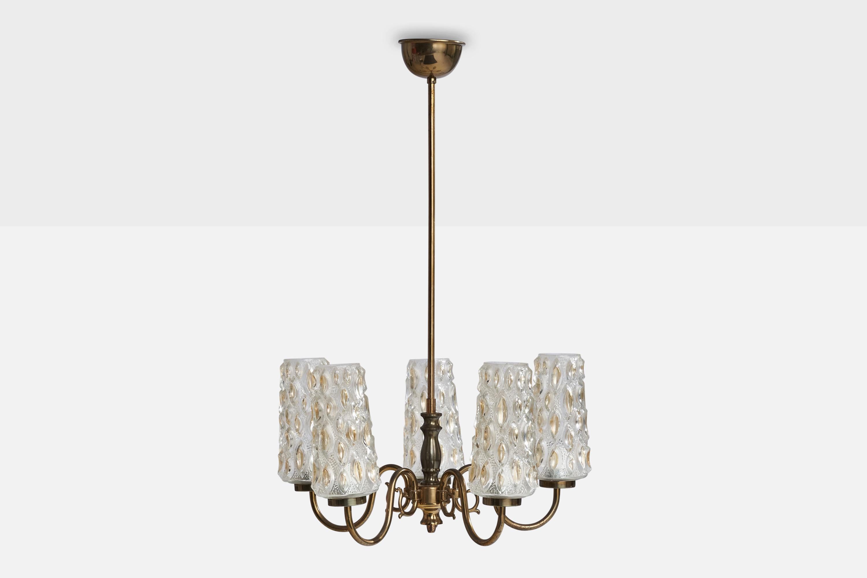 A brass and glass chandelier designed and produced in Sweden, 1940s.

Dimensions of canopy (inches): 2” H x 3.5” Diameter
Socket takes standard E-14 bulbs. 5 sockets.There is no maximum wattage stated on the fixture. All lighting will be converted