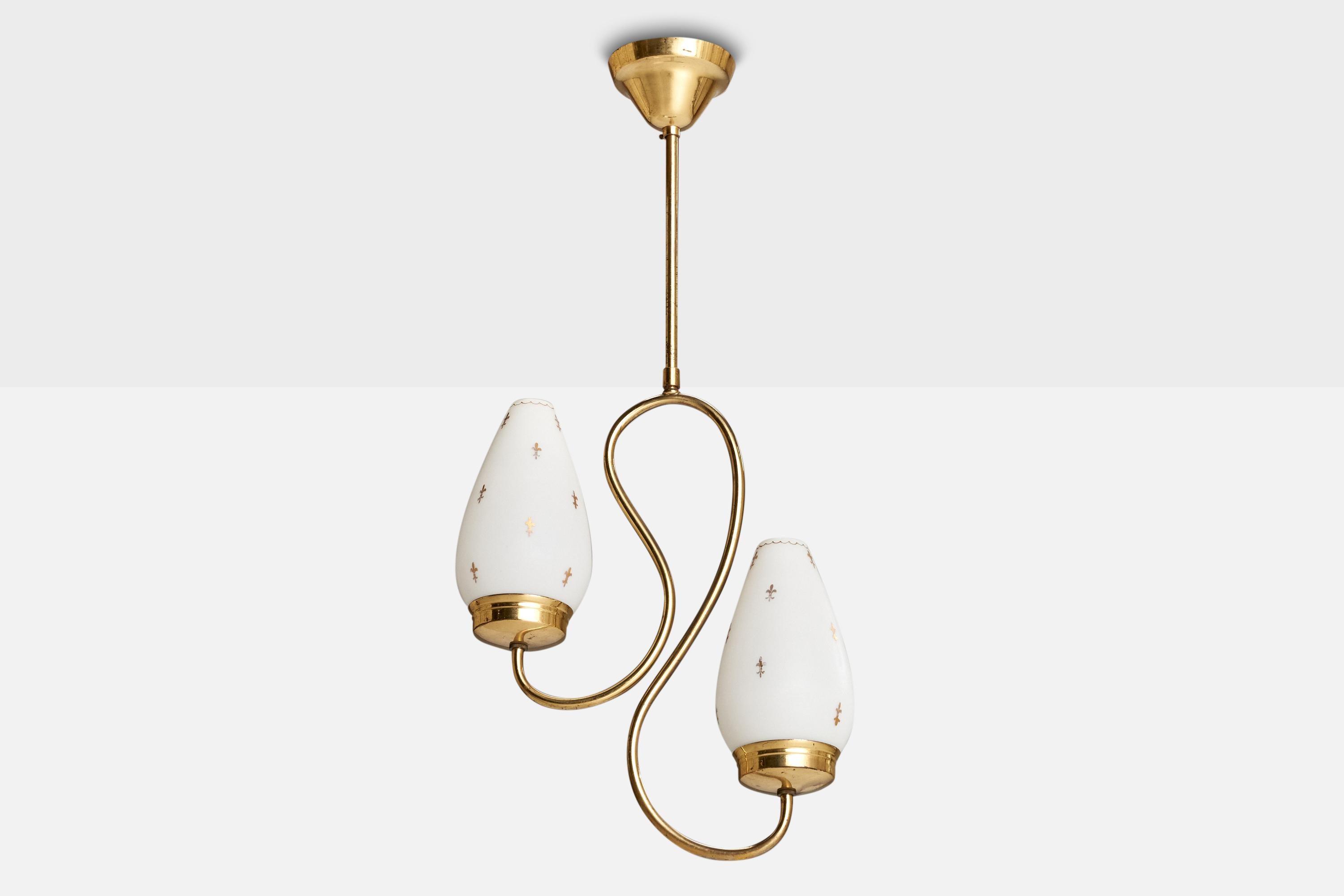 An organic brass and white opaline glass chandelier designed and produced in Sweden, c. 1940s.

Dimensions of Lamp with Shade (inches): 26.5” H x 12.75” Diameter
Bulb Specifications: E-26 Bulbs
Number of Sockets (per fixture): 2
Sold with