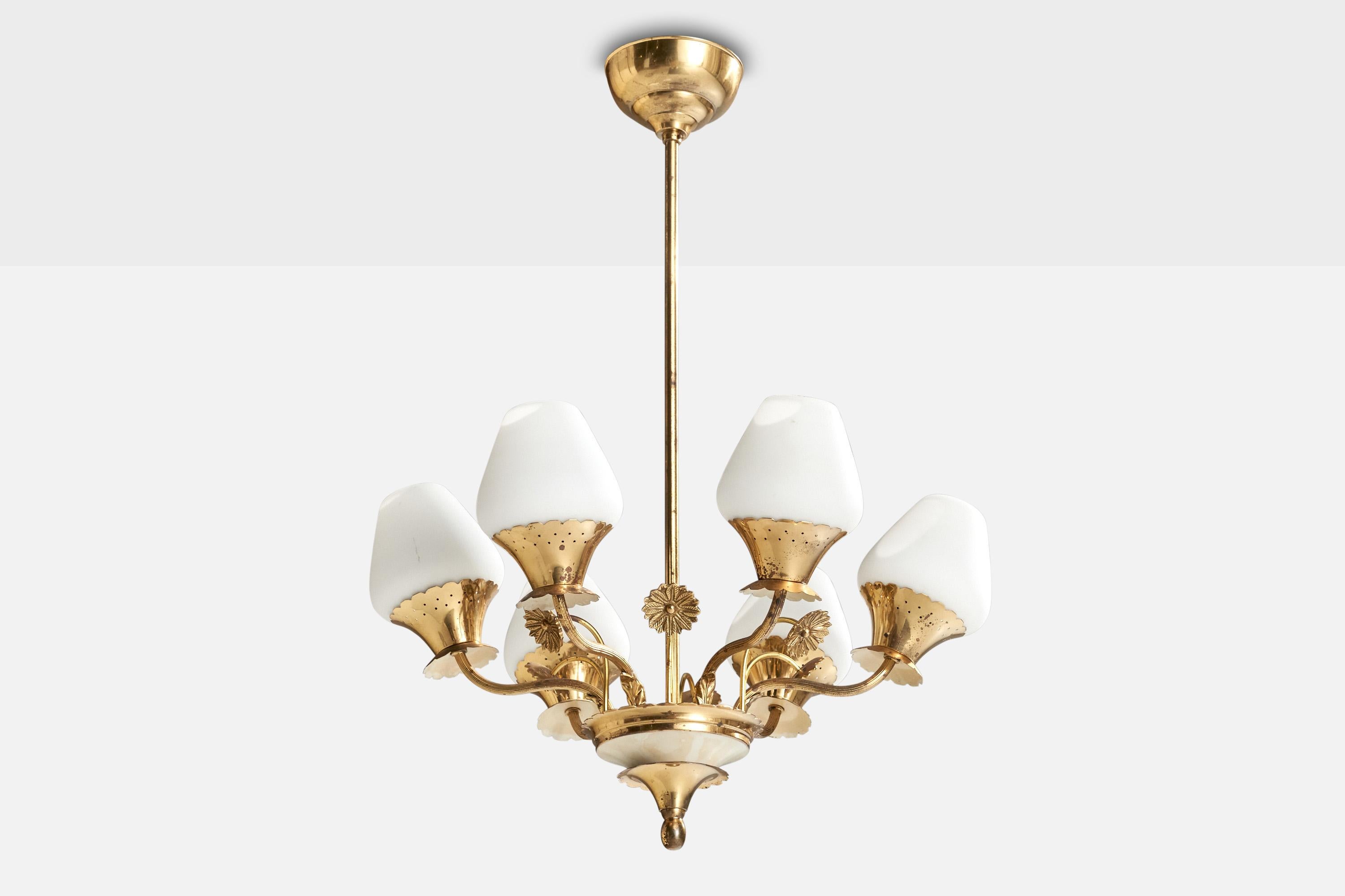 A brass and white opaline glass chandelier designed and produced in Sweden, c. 1940s.

Overall Dimensions (inches): 25” H x 18 ” Diameter

Dimensions of Canopy:  2.5” H x 4.25” D

Stem length: 21” H

Bulb Specifications: E-26  Bulbs

Number of