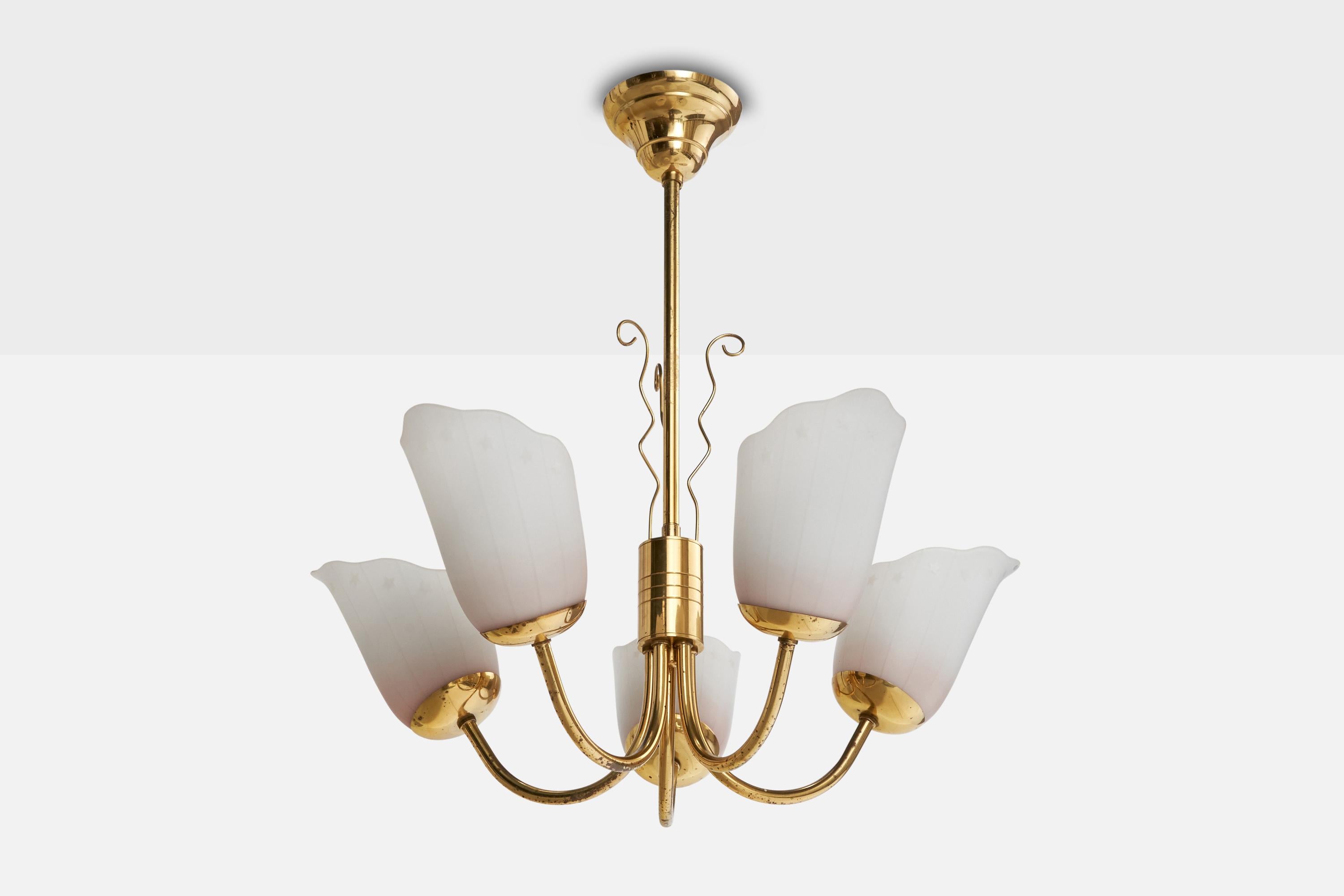 A brass and glass chandelier designed and produced in Sweden, c. 1940s.

Overall Dimensions (inches): 24” H x  22” Diameter

Dimensions of Canopy:  2.75” H x 4.625” Diameter

Stem length: 11” H

Bulb Specifications: E-26  

Number of Sockets: 5

All