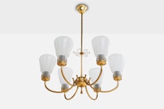 Swedish Designer, Chandelier, Brass, Glass, Sweden, 1940s