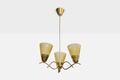Swedish Designer, Chandelier, Brass, Glass, Sweden, 1940s
