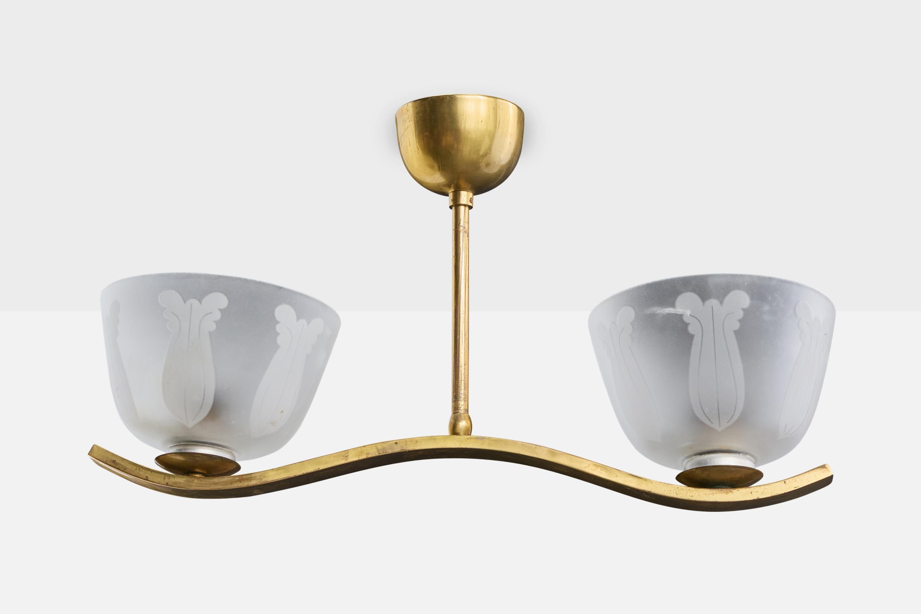 A brass and etched glass pendant light likely designed and produced in Sweden, c. 1940s.

Overall Dimensions (inches): 11.5