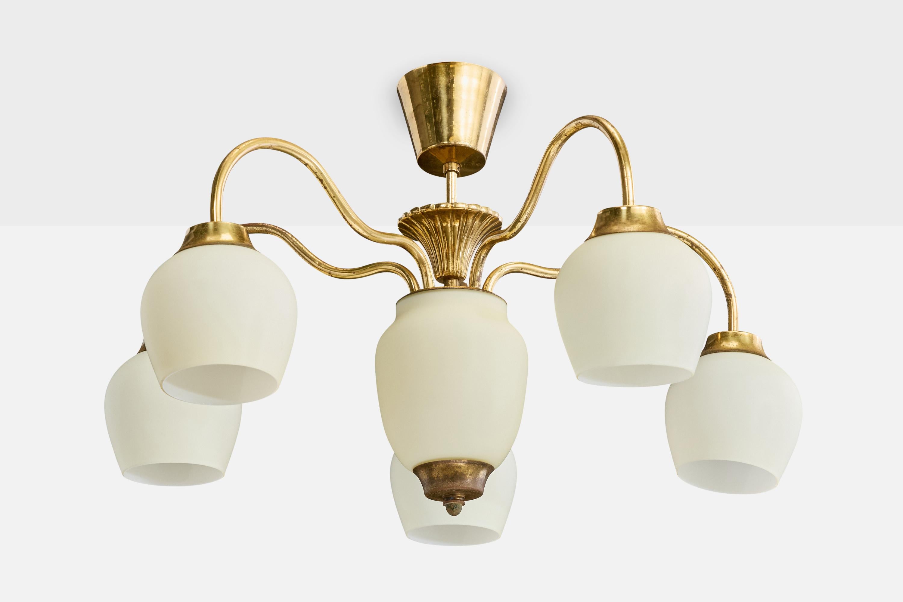 A brass and white opaline glass chandelier designed and produced in Sweden, c. 1940s.

Overall Dimensions (inches): 14.5