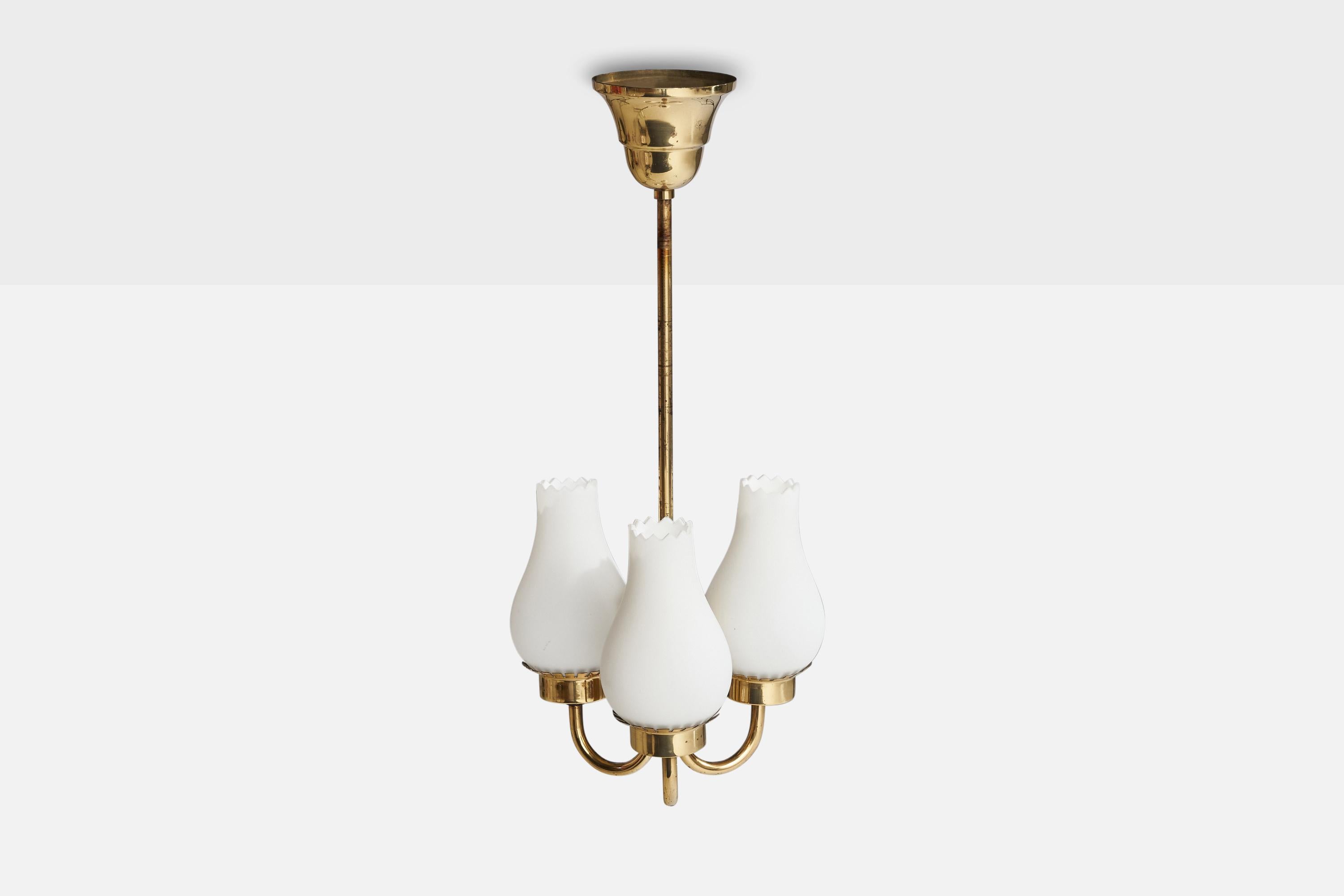 Scandinavian Modern Swedish Designer, Chandelier, Brass, Glass, Sweden, 1940s For Sale