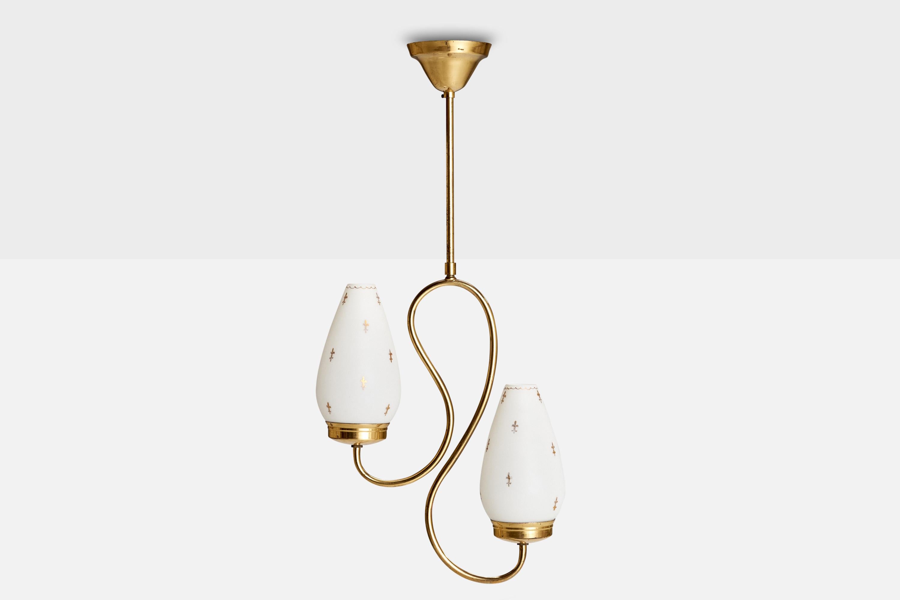 Scandinavian Modern Swedish Designer, Chandelier, Brass, Glass, Sweden, 1940s For Sale