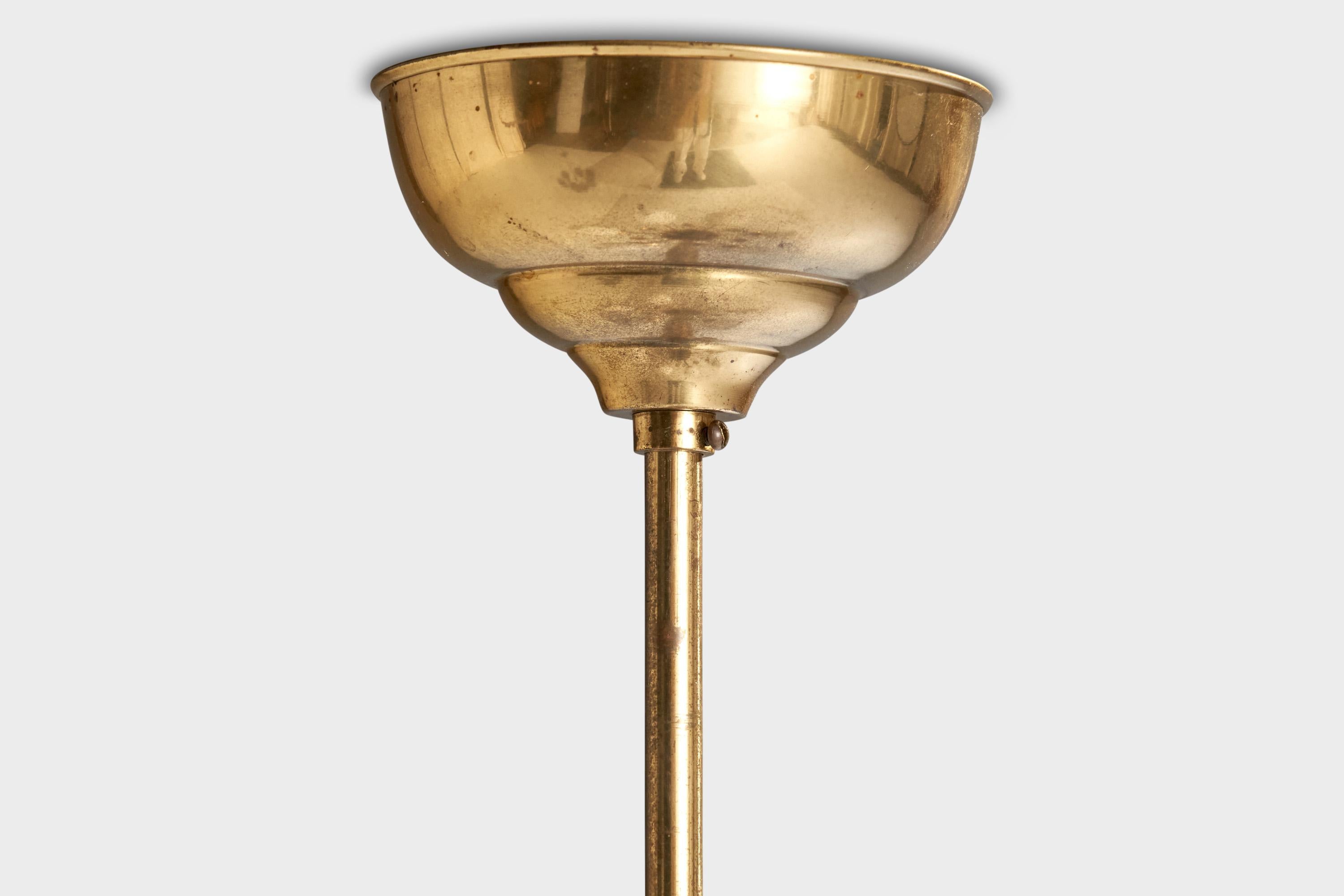 Scandinavian Modern Swedish Designer, Chandelier, Brass, Glass, Sweden, 1940s For Sale